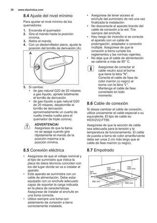 8.4 Ajuste del nivel mínimo
Para ajustar el nivel mínimo de los
quemadores:
1. Encienda el quemador.
2. Gire el mando hasta la posición
mínima.
3. Retire el mando.
4. Con un destornillador plano, ajuste la
posición del tornillo de derivación (A).
A
5. Si cambia:
• de gas natural G20 de 20 mbares
a gas líquido, apriete totalmente
el tornillo de derivación.
• de gas líquido a gas natural G20
de 20 mbares, desatornille el
tornillo de derivación
aproximadamente un cuarto de
vuelta (media vuelta para el
quemador de triple corona).
ADVERTENCIA!
Asegúrese de que la llama
no se apaga cuando gire
rápidamente el mando de la
posición máxima a la
posición mínima.
8.5 Conexión eléctrica
• Asegúrese de que el voltaje nominal y
el tipo de suministro que indica la
placa de datos técnicos coinciden con
los del lugar donde se va a instalar el
aparato.
• Este aparato se suministra con un
cable de alimentación. Debe estar
equipado con un enchufe adecuado
capaz de soportar la carga indicada
en la placa de características.
Asegúrese de instalar el enchufe en
una toma correcta.
• Utilice siempre una toma con
aislamiento de conexión a tierra
correctamente instalada.
• Asegúrese de tener acceso al
enchufe del suministro de red una vez
finalizada la instalación.
• No desconecte el aparato tirando del
cable de conexión a la red. Tire
siempre del enchufe.
• Hay riesgo de incendio si se conecta
el aparato con un cable de
prolongación, adaptador o conexión
múltiple. Asegúrese de que la
conexión a tierra cumple los
reglamentos y las normas vigentes.
• No deje que el cable de alimentación
se caliente a más de 90° C.
Asegúrese de conectar el
cable neutro azul al borne
que tiene la letra "N".
Conecte el cable de fase de
color marrón (o negro) al
borne con la letra "L".
Mantenga el cable de fase
conectado en todo
momento.
8.6 Cable de conexión
Si desea cambiar el cable de conexión,
utilice únicamente el cable especial o su
equivalente. El tipo de cable es:
H03V2V2-FT90.
Asegúrese de que la sección de cable
sea adecuada para la tensión y la
temperatura de funcionamiento. El cable
de puesta a tierra de color amarillo/verde
debe ser unos 2 cm más largo que el
cable de fase marrón (o negro).
8.7 Empotrado
min.
55 mm
min.
650 mm
560 mm
480 mm
min.
200 mm
30 mm
www.electrolux.com30
 