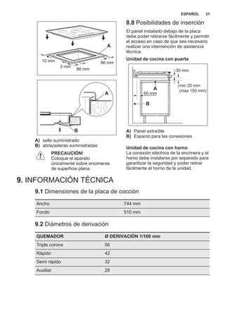 10 mm 86 mm
86 mm
A
3 mm
A
B
A) sello suministrado
B) abrazaderas suministradas
PRECAUCIÓN!
Coloque el aparato
únicamente sobre encimeras
de superficie plana.
8.8 Posibilidades de inserción
El panel instalado debajo de la placa
debe poder retirarse fácilmente y permitir
el acceso en caso de que sea necesario
realizar una intervención de asistencia
técnica.
Unidad de cocina con puerta
min 20 mm
(max 150 mm)
30 mm
60 mm
B
A
A) Panel extraíble
B) Espacio para las conexiones
Unidad de cocina con horno
La conexión eléctrica de la encimera y el
horno debe instalarse por separado para
garantizar la seguridad y poder retirar
fácilmente el horno de la unidad.
9. INFORMACIÓN TÉCNICA
9.1 Dimensiones de la placa de cocción
Ancho 744 mm
Fondo 510 mm
9.2 Diámetros de derivación
QUEMADOR Ø DERIVACIÓN 1/100 mm
Triple corona 56
Rápido 42
Semi rápido 32
Auxiliar 28
ESPAÑOL 31
 
