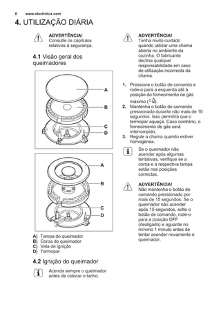 4. UTILIZAÇÃO DIÁRIA
ADVERTÊNCIA!
Consulte os capítulos
relativos à segurança.
4.1 Visão geral dos
queimadores
A
B
D
C
C
D
A
B
A) Tampa do queimador
B) Coroa do queimador
C) Vela de ignição
D) Termopar
4.2 Ignição do queimador
Acenda sempre o queimador
antes de colocar o tacho.
ADVERTÊNCIA!
Tenha muito cuidado
quando utilizar uma chama
aberta no ambiente da
cozinha. O fabricante
declina qualquer
responsabilidade em caso
de utilização incorrecta da
chama.
1. Pressione o botão de comando e
rode-o para a esquerda até à
posição do fornecimento de gás
máximo ( ).
2. Mantenha o botão de comando
pressionado durante não mais de 10
segundos. Isso permitirá que o
termopar aqueça. Caso contrário, o
fornecimento de gás será
interrompido.
3. Regule a chama quando estiver
homogénea.
Se o queimador não
acender após algumas
tentativas, verifique se a
coroa e a respectiva tampa
estão nas posições
correctas.
ADVERTÊNCIA!
Não mantenha o botão de
comando pressionado por
mais de 15 segundos. Se o
queimador não acender
após 15 segundos, solte o
botão de comando, rode-o
para a posição OFF
(desligado) e aguarde no
mínimo 1 minuto antes de
tentar acender novamente o
queimador.
www.electrolux.com8
 