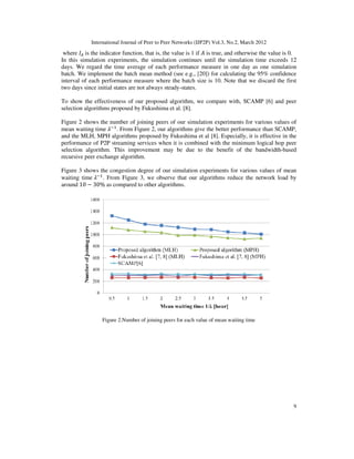 International Journal of Peer to Peer
where ‫ܫ‬஺ is the indicator function, that is, the value is 1 if
In this simulation experiments, the simulation continues until the simulation time exceeds 12
days. We regard the time average of each performance measure in one day as one simulation
batch. We implement the batch mean method (see e.g., [
interval of each performance measure where the batch size is 10. Note that we dis
two days since initial states are not always steady
To show the effectiveness of our proposed algorithm, we compare with, SCAMP [6] and peer
selection algorithms proposed by Fukushima et al. [8].
Figure 2 shows the number of joinin
mean waiting time ߣିଵ
. From Figure 2, our algorithms give the better performance than SCAMP,
and the MLH, MPH algorithms proposed by Fukushima et al [8]. Especially, it is effective in the
performance of P2P streaming services when it is combined with the minimum logical hop peer
selection algorithm. This improvement may be due to the benefit of the bandwidth
recursive peer exchange algorithm.
Figure 3 shows the congestion degree of our simulation experiments for various values of mean
waiting time ߣିଵ
. From Figure 3, we observe that our algorithms reduce the network load by
around 10 − 30% as compared to other algorithms.
Figure 2.Number of j
International Journal of Peer to Peer Networks (IJP2P) Vol.3, No.2, March 2012
is the indicator function, that is, the value is 1 if ‫ܣ‬ is true, and otherwise the value is 0.
In this simulation experiments, the simulation continues until the simulation time exceeds 12
regard the time average of each performance measure in one day as one simulation
batch mean method (see e.g., [20]) for calculating the 95% confidence
interval of each performance measure where the batch size is 10. Note that we dis
two days since initial states are not always steady-states.
To show the effectiveness of our proposed algorithm, we compare with, SCAMP [6] and peer
selection algorithms proposed by Fukushima et al. [8].
Figure 2 shows the number of joining peers of our simulation experiments for various values of
. From Figure 2, our algorithms give the better performance than SCAMP,
and the MLH, MPH algorithms proposed by Fukushima et al [8]. Especially, it is effective in the
mance of P2P streaming services when it is combined with the minimum logical hop peer
selection algorithm. This improvement may be due to the benefit of the bandwidth
recursive peer exchange algorithm.
Figure 3 shows the congestion degree of our simulation experiments for various values of mean
. From Figure 3, we observe that our algorithms reduce the network load by
as compared to other algorithms.
Number of joining peers for each value of mean waiting time
Networks (IJP2P) Vol.3, No.2, March 2012
9
is true, and otherwise the value is 0.
In this simulation experiments, the simulation continues until the simulation time exceeds 12
regard the time average of each performance measure in one day as one simulation
]) for calculating the 95% confidence
interval of each performance measure where the batch size is 10. Note that we discard the first
To show the effectiveness of our proposed algorithm, we compare with, SCAMP [6] and peer
g peers of our simulation experiments for various values of
. From Figure 2, our algorithms give the better performance than SCAMP,
and the MLH, MPH algorithms proposed by Fukushima et al [8]. Especially, it is effective in the
mance of P2P streaming services when it is combined with the minimum logical hop peer
selection algorithm. This improvement may be due to the benefit of the bandwidth-based
Figure 3 shows the congestion degree of our simulation experiments for various values of mean
. From Figure 3, we observe that our algorithms reduce the network load by
 