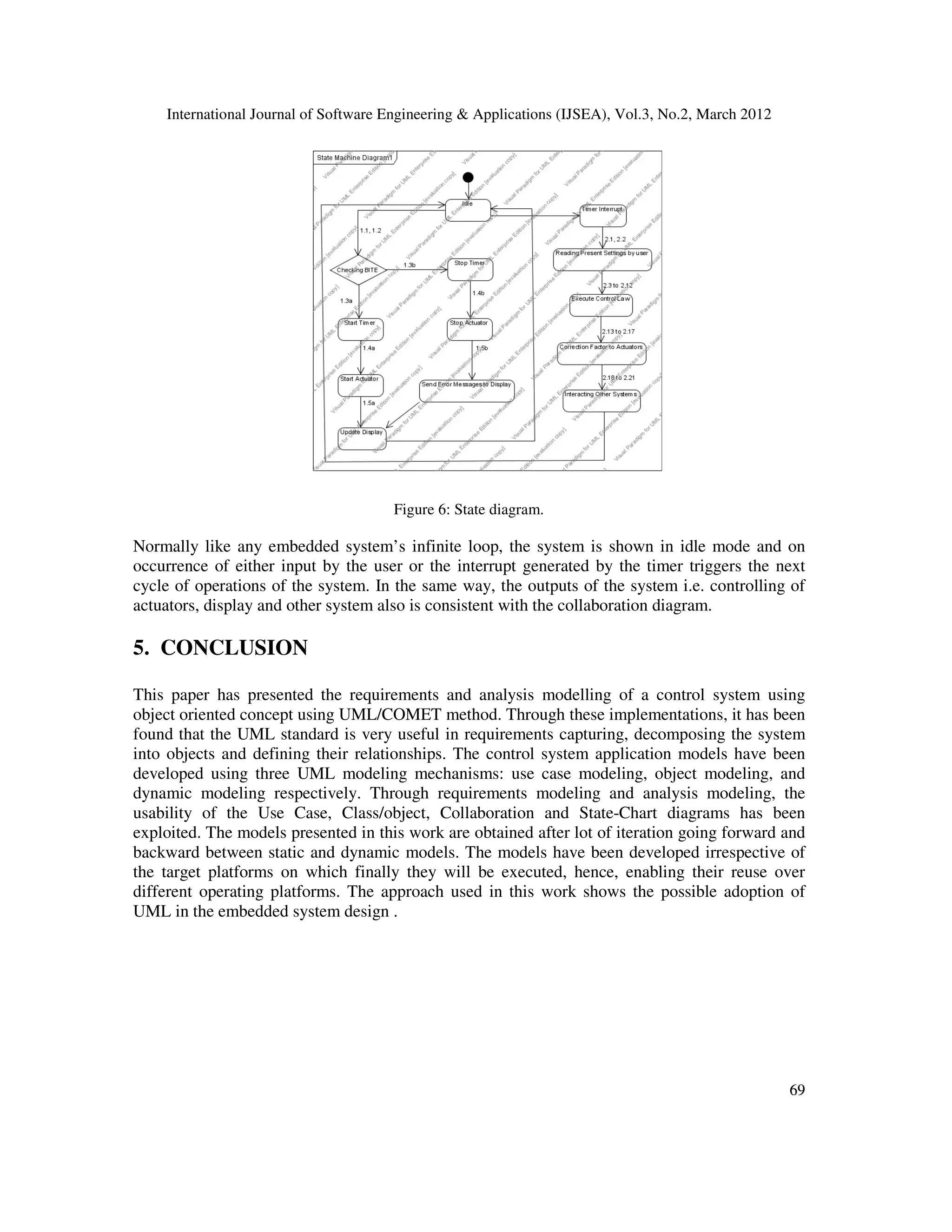 International Journal of Software Engineering & Applications (IJSEA), Vol.3, No.2, March 2012
6
69
9
Figure 6: State diagram.
Normally like any embedded system’s infinite loop, the system is shown in idle mode and on
occurrence of either input by the user or the interrupt generated by the timer triggers the next
cycle of operations of the system. In the same way, the outputs of the system i.e. controlling of
actuators, display and other system also is consistent with the collaboration diagram.
5. CONCLUSION
This paper has presented the requirements and analysis modelling of a control system using
object oriented concept using UML/COMET method. Through these implementations, it has been
found that the UML standard is very useful in requirements capturing, decomposing the system
into objects and defining their relationships. The control system application models have been
developed using three UML modeling mechanisms: use case modeling, object modeling, and
dynamic modeling respectively. Through requirements modeling and analysis modeling, the
usability of the Use Case, Class/object, Collaboration and State-Chart diagrams has been
exploited. The models presented in this work are obtained after lot of iteration going forward and
backward between static and dynamic models. The models have been developed irrespective of
the target platforms on which finally they will be executed, hence, enabling their reuse over
different operating platforms. The approach used in this work shows the possible adoption of
UML in the embedded system design .
 