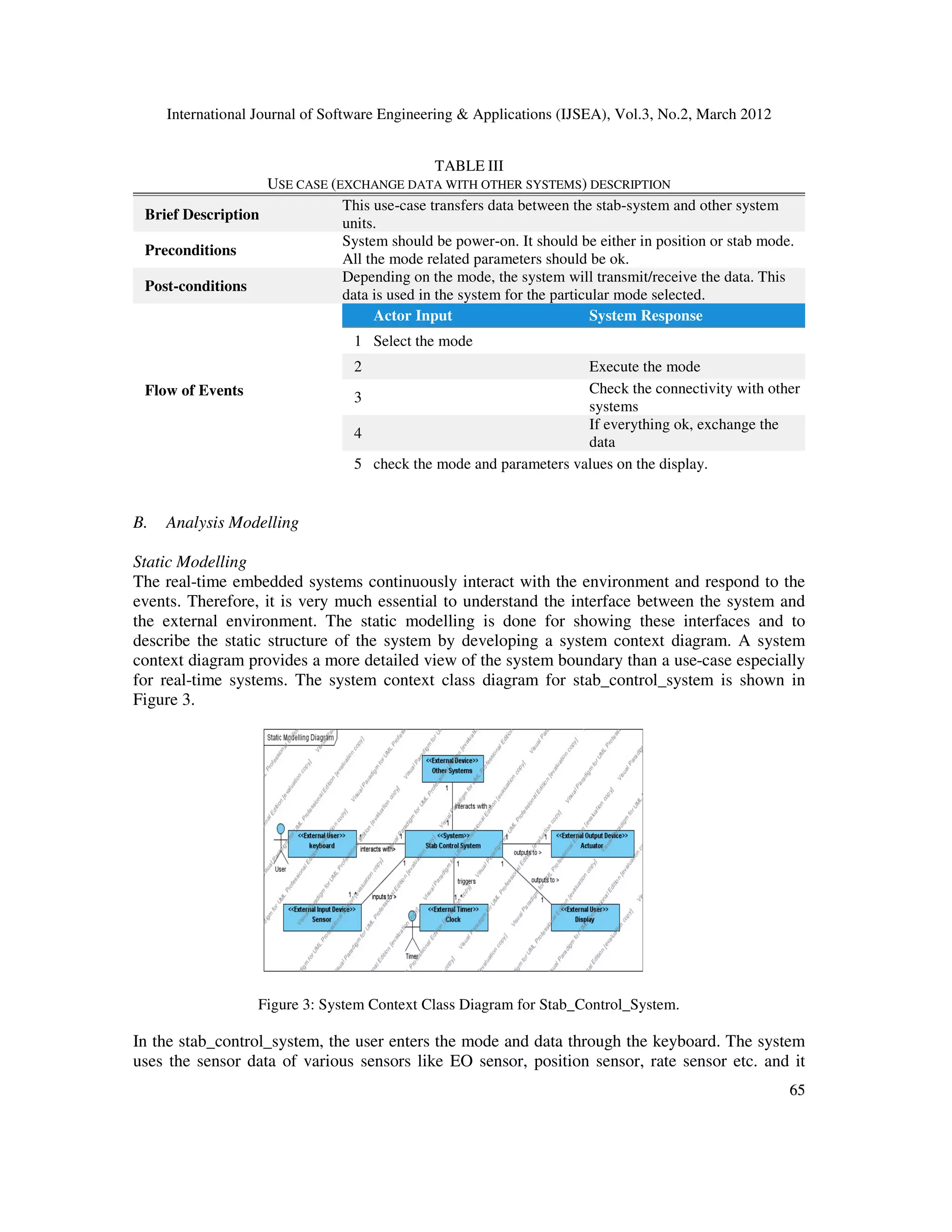 International Journal of Software Engineering & Applications (IJSEA), Vol.3, No.2, March 2012
6
65
5
TABLE III
USE CASE (EXCHANGE DATA WITH OTHER SYSTEMS) DESCRIPTION
Brief Description
This use-case transfers data between the stab-system and other system
units.
Preconditions
System should be power-on. It should be either in position or stab mode.
All the mode related parameters should be ok.
Post-conditions
Depending on the mode, the system will transmit/receive the data. This
data is used in the system for the particular mode selected.
Flow of Events
Actor Input System Response
1 Select the mode
2 Execute the mode
3
Check the connectivity with other
systems
4
If everything ok, exchange the
data
5 check the mode and parameters values on the display.
B. Analysis Modelling
Static Modelling
The real-time embedded systems continuously interact with the environment and respond to the
events. Therefore, it is very much essential to understand the interface between the system and
the external environment. The static modelling is done for showing these interfaces and to
describe the static structure of the system by developing a system context diagram. A system
context diagram provides a more detailed view of the system boundary than a use-case especially
for real-time systems. The system context class diagram for stab_control_system is shown in
Figure 3.
Figure 3: System Context Class Diagram for Stab_Control_System.
In the stab_control_system, the user enters the mode and data through the keyboard. The system
uses the sensor data of various sensors like EO sensor, position sensor, rate sensor etc. and it
 