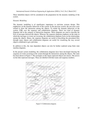International Journal of Software Engineering & Applications (IJSEA), Vol.3, No.2, March 2012
6
67
7
These identified objects will be considered in the preparation for the dynamic modeling of the
system.
Dynamic Modelling
The dynamic modelling is of significance importance in real-time systems design. This
emphasises on the dynamic behaviour of the system. In the previous section, the use-cases were
refined to show the interaction among the objects. To model the dynamic behaviour of the
system, UML uses the sequence and collaboration diagrams. These two kind of dynamic
diagrams fall in the category of Interaction diagrams. These diagrams are used to describe the
flow of messages between the objects. Whereas, the sequence diagrams emphases on the order in
which the messages or events are occurring, the collaboration diagrams focus on the relationships
among the objects. Hence, the sequence diagrams are useful in describing the procedural flow
through many objects and collaboration diagrams are useful for visualizing the way several
objects collaborate to get a job done.
In addition to this, the state dependent objects can also be further explored using finite state
machine diagrams.
In the present system modelling, the collaboration diagrams have been developed showing the
sequence of events occurring in the system through the interactions among the objects. The same
has been shown in Figure 5. The rectangles in this figure represent objects not classes. The arrows
on the links represent messages. These are labelled with their name and sequence numbers.
Figure 5: Collaboration diagram.
 