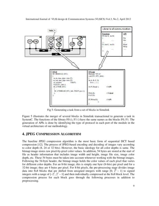 International Journal of VLSI design & Communication Systems (VLSICS) Vol.3, No.2, April 2012
9
Fig 5: Generating a task from a set of blocks in Simulink
Figure 5 illustrates the merger of several blocks in Simulink transactional to generate a task in
SystemC. The functions of the library F0 (), F1 () have the same names as the blocks F0, F1. The
generation of APIs is done by identifying the type of protocol in each port of the module in the
virtual architecture of our methodology.
4. JPEG COMPRESSION ALGORITHM
The baseline JPEG compression algorithm is the most basic form of sequential DCT based
compression [12]. The process of JPEG-based encoding and decoding of images vary according
to color depth (8, 24 or 32 bits). However, the basic ideology for all color depths is same. The
bitmap image stores raw pixel-by-pixel color values. In addition, 54 bytes are stored at the start of
file as header information that includes image width and height, image file size, image color
depth, etc. These 54 bytes must be taken into account whenever working with the bitmap images.
Following the 54-byte header, the bitmap image holds the color values of each pixel that varies
for different color depths. For an 8-bit image, this is simply one byte (8-bits) per pixel and for a
32-bit image; they are 4 bytes per pixel. For 8-bit pixels, the pre-processing stage divides image
data into 8x8 blocks that are shifted from unsigned integers with range [0, 28
– 1] to signed
integers with a range of [–27
, 27
– 1] and then individually compressed at the 8x8 block level. The
compression process for each block goes through the following processes in addition to
preprocessing.
 