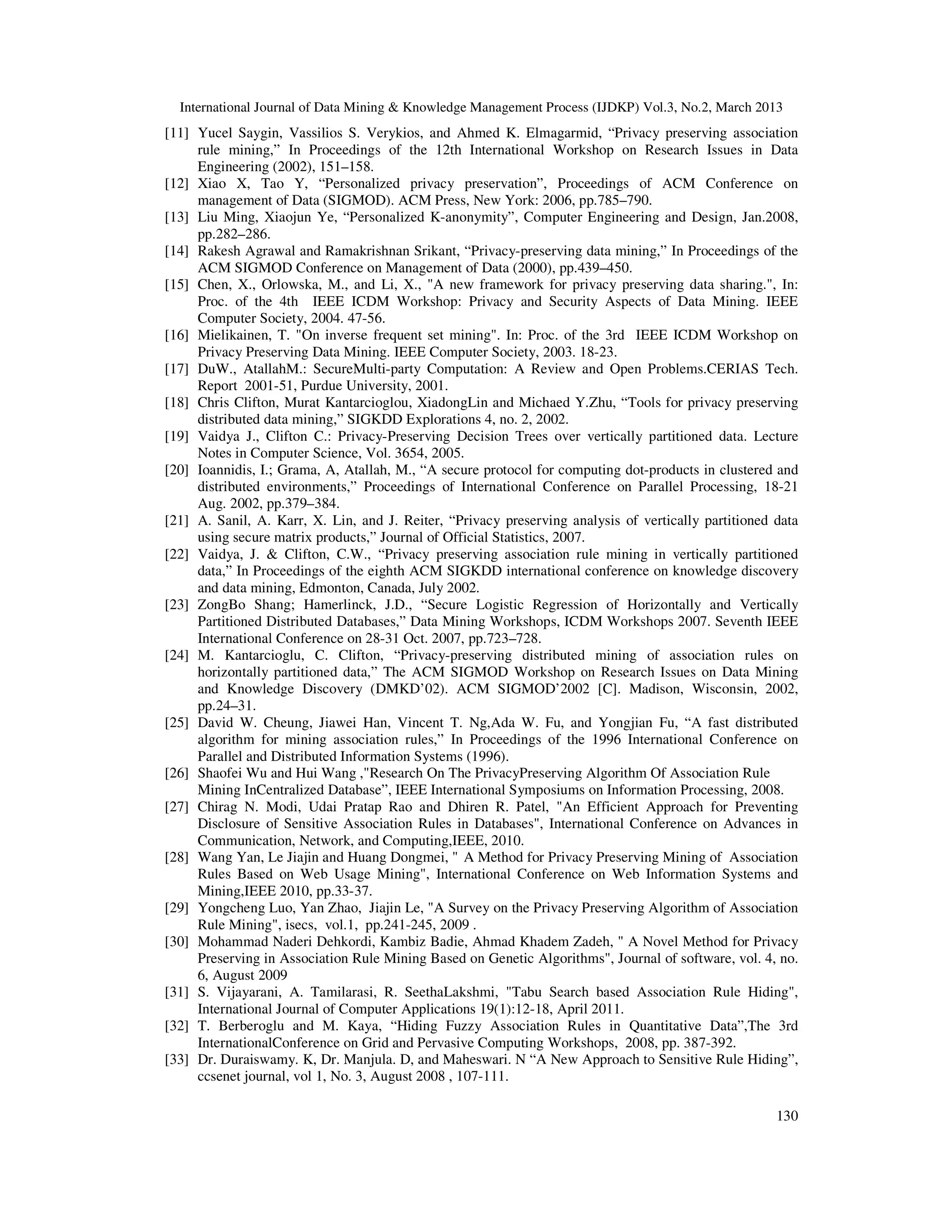 International Journal of Data Mining & Knowledge Management Process (IJDKP) Vol.3, No.2, March 2013
[11] Yucel Saygin, Vassilios S. Verykios, and Ahmed K. Elmagarmid, “Privacy preserving association
     rule mining,” In Proceedings of the 12th International Workshop on Research Issues in Data
     Engineering (2002), 151–158.
[12] Xiao X, Tao Y, “Personalized privacy preservation”, Proceedings of ACM Conference on
     management of Data (SIGMOD). ACM Press, New York: 2006, pp.785–790.
[13] Liu Ming, Xiaojun Ye, “Personalized K-anonymity”, Computer Engineering and Design, Jan.2008,
     pp.282–286.
[14] Rakesh Agrawal and Ramakrishnan Srikant, “Privacy-preserving data mining,” In Proceedings of the
     ACM SIGMOD Conference on Management of Data (2000), pp.439–450.
[15] Chen, X., Orlowska, M., and Li, X., "A new framework for privacy preserving data sharing.", In:
     Proc. of the 4th IEEE ICDM Workshop: Privacy and Security Aspects of Data Mining. IEEE
     Computer Society, 2004. 47-56.
[16] Mielikainen, T. "On inverse frequent set mining". In: Proc. of the 3rd IEEE ICDM Workshop on
     Privacy Preserving Data Mining. IEEE Computer Society, 2003. 18-23.
[17] DuW., AtallahM.: SecureMulti-party Computation: A Review and Open Problems.CERIAS Tech.
     Report 2001-51, Purdue University, 2001.
[18] Chris Clifton, Murat Kantarcioglou, XiadongLin and Michaed Y.Zhu, “Tools for privacy preserving
     distributed data mining,” SIGKDD Explorations 4, no. 2, 2002.
[19] Vaidya J., Clifton C.: Privacy-Preserving Decision Trees over vertically partitioned data. Lecture
     Notes in Computer Science, Vol. 3654, 2005.
[20] Ioannidis, I.; Grama, A, Atallah, M., “A secure protocol for computing dot-products in clustered and
     distributed environments,” Proceedings of International Conference on Parallel Processing, 18-21
     Aug. 2002, pp.379–384.
[21] A. Sanil, A. Karr, X. Lin, and J. Reiter, “Privacy preserving analysis of vertically partitioned data
     using secure matrix products,” Journal of Official Statistics, 2007.
[22] Vaidya, J. & Clifton, C.W., “Privacy preserving association rule mining in vertically partitioned
     data,” In Proceedings of the eighth ACM SIGKDD international conference on knowledge discovery
     and data mining, Edmonton, Canada, July 2002.
[23] ZongBo Shang; Hamerlinck, J.D., “Secure Logistic Regression of Horizontally and Vertically
     Partitioned Distributed Databases,” Data Mining Workshops, ICDM Workshops 2007. Seventh IEEE
     International Conference on 28-31 Oct. 2007, pp.723–728.
[24] M. Kantarcioglu, C. Clifton, “Privacy-preserving distributed mining of association rules on
     horizontally partitioned data,” The ACM SIGMOD Workshop on Research Issues on Data Mining
     and Knowledge Discovery (DMKD’02). ACM SIGMOD’2002 [C]. Madison, Wisconsin, 2002,
     pp.24–31.
[25] David W. Cheung, Jiawei Han, Vincent T. Ng,Ada W. Fu, and Yongjian Fu, “A fast distributed
     algorithm for mining association rules,” In Proceedings of the 1996 International Conference on
     Parallel and Distributed Information Systems (1996).
[26] Shaofei Wu and Hui Wang ,"Research On The PrivacyPreserving Algorithm Of Association Rule
     Mining InCentralized Database”, IEEE International Symposiums on Information Processing, 2008.
[27] Chirag N. Modi, Udai Pratap Rao and Dhiren R. Patel, "An Efficient Approach for Preventing
     Disclosure of Sensitive Association Rules in Databases", International Conference on Advances in
     Communication, Network, and Computing,IEEE, 2010.
[28] Wang Yan, Le Jiajin and Huang Dongmei, " A Method for Privacy Preserving Mining of Association
     Rules Based on Web Usage Mining", International Conference on Web Information Systems and
     Mining,IEEE 2010, pp.33-37.
[29] Yongcheng Luo, Yan Zhao, Jiajin Le, "A Survey on the Privacy Preserving Algorithm of Association
     Rule Mining", isecs, vol.1, pp.241-245, 2009 .
[30] Mohammad Naderi Dehkordi, Kambiz Badie, Ahmad Khadem Zadeh, " A Novel Method for Privacy
     Preserving in Association Rule Mining Based on Genetic Algorithms", Journal of software, vol. 4, no.
     6, August 2009
[31] S. Vijayarani, A. Tamilarasi, R. SeethaLakshmi, "Tabu Search based Association Rule Hiding",
     International Journal of Computer Applications 19(1):12-18, April 2011.
[32] T. Berberoglu and M. Kaya, “Hiding Fuzzy Association Rules in Quantitative Data”,The 3rd
     InternationalConference on Grid and Pervasive Computing Workshops, 2008, pp. 387-392.
[33] Dr. Duraiswamy. K, Dr. Manjula. D, and Maheswari. N “A New Approach to Sensitive Rule Hiding”,
     ccsenet journal, vol 1, No. 3, August 2008 , 107-111.

                                                                                                      130
 