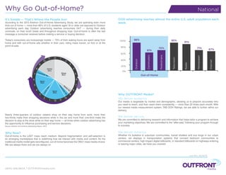 National
(800) 926-8834 / OUTFRONTmedia.com
Last Rev. 06/16/15
Why Go Out-of-Home?
It’s Simple — That’s Where the People Are!
According to the 2013 Arbitron Out-of-Home Advertising Study, we are spending even more
time out of home — more than 89% of U.S. residents aged 18 or older are exposed to Outdoor
advertising each day. Outdoor advertising reaches consumers 24/7 — during their daily
commute, on their lunch break and throughout shopping trips. Out-of-home is often the last
message a consumer receives before making a service or buying decision.
Today’s consumers are increasingly mobile — 70% of their waking hours are spent away from
home and with out-of-home ads whether in their cars, riding mass transit, on foot or at the
point-of-sale.
Why OUTFRONT Media?
We deliver audience.
Our media is targetable by market and demographic, allowing us to pinpoint accurately who
you need to reach, and then reach them consistently — more than 20 times each month. With
our newest media measurement system, TAB OOH Ratings, we are able to further refine our
delivery.
We deliver service.
We are committed to delivering research and information that helps tailor a program to achieve
your marketing objectives. We are committed to the “after-sale,” following your program through
to success.
We deliver America.
Whether it’s bulletins in suburban communities, transit shelters and bus kings in our urban
centers, rail displays in transportation systems that connect bedroom communities to
commercial centers, high-impact digital billboards, or standard billboards on highways entering
or leaving major cities, we have you covered.
Nearly three-quarters of outdoor viewers shop on their way home from work; more than
two-thirds make their shopping decisions while in the car and more than one-third make the
decision to stop at the store while on their way home — all times when outdoor advertising has
the opportunity to influence purchasing and service decisions.
Source: Arbitron Out-of-Home Advertising Report, 2013
Why Now?
Out-of-home is the LAST mass reach medium. Beyond fragmentation and self-selection is
an emerging marketplace that is redefining how we interact with media and content. As the
traditional media model gets reconfigured, out-of-home becomes the ONLY mass media choice.
We are always there and we are always on.
OOH advertising reaches almost the entire U.S. adult population each
week.
Outdoor
Commuters
Pedestrians
Television
Radio
Newspaper
Internet
96%
61%
70%
95%
91%
71% 67%
100%
80%
60%
40%
20%
0%
Out-of-Home
 