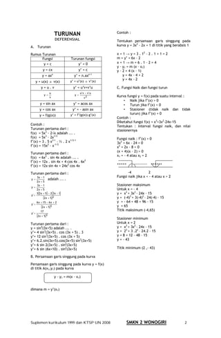 TURUNAN                           Contoh :
                            DEFERENSIAL                       Tentukan persamaan garis singgung pada
A. Turunan                                                    kurva y = 3x2 – 2x + 1 di titik yang berabsis 1

Rumus Turunan                                                 x = 1 → y = 3 . 12 – 2 . 1 + 1 = 2
      Fungsi                           Turunan fungsi         m = y’ = 6x – 2
       y=c                                 y’ = 0             x=1→m=6.1–2=4
                                                              y – y1 = m (x – x1)
            y = cx                           y’ = c           y – 2 = 4 (x – 1)
            y = ax      n
                                         y’ = n.axn-1             y = 4x – 4 + 2
                                                                  y = 4x – 2
       y = u(x) ± v(x)                 y’ = u’(x) ± v’(x)
          y=u.v                          y’ = u’v+v’u         C. Fungsi Naik dan fungsi turun
                    u                          u' v − v ' u
               y=                         y=                  Kurva fungsi y = f(x) pada suatu interval :
                    v                              v2
                                                                  • Naik jika f’(x) > 0
          y = sin ax                     y’ = acos ax             • Turun jika f’(x) < 0
         y = cos ax                     y’ = - asin ax            • Stasioner (tidak naik dan tidak
         y = f(g(x))                   y’ = f’(g(x)).g’(x)            turun) jika f’(x) = 0
                                                              Contoh :
                                                              Diketahui fungsi f(x) = x3+3x2–24x-15
Contoh :                                                      Tentukan : interval fungsi naik, dan nilai
Turunan pertama dari :                                        stasionernya
f(x) = 5x3 - 2√x adalah ... .
f(x) = 5x3 – 2x1/2                                            Fungsi naik : f’(x) > 0
f’(x) = 3 . 5 x3-1 – ½ . 2 x1/2-1                             3x2 + 6x – 24 > 0
f’(x) = 15x2 – x-1/2                                          x2 + 2x – 8 > 0
                                                              (x + 4)(x – 2) > 0
Turunan pertama dari :
                                                              x1 = - 4 atau x2 = 2
f(x) = 6x2 . sin 4x adalah ... .
f’(x) = 12x . sin 4x + 4 cos 4x . 6x2
                                                              +++++      ---------- ++++++
f’(x) = 12x sin 4x + 24x2 cos 4x

Turunan pertama dari :                                               -4           2
     3x − 1                                                   Fungsi naik jika x < - 4 atau x > 2
y=             adalah ...          .
     2x + 5
     3x − 1                                                   Stasioner maksimum
y=
     2x + 5                                                   Untuk x = - 4
     3(2 x + 5) − 2(3x − 1)                                   y = x3 + 3x2 – 24x – 15
y' =
           (2x + 5)2                                          y = (-4)3 + 3(-4)2 – 24(-4) – 15
       6 x + 15 − 6 x + 2                                     y = - 64 + 48 + 96 - 15
y' =
           (2 x + 5)2                                         y = 65
          17                                                  Titik maksimum (-4,65)
y' =
       (2 x + 5)2
                                                              Stasioner minimum
Turunan pertama dari :                                        Untuk x = 2
y = sin4(3x+5) adalah ... .                                   y = x3 + 3x2 – 24x – 15
y’= 4 sin3(3x+5) . cos (3x + 5) . 3                           y = 23 + 3 .22 – 24.2 – 15
y’= 12 sin3(3x+5) . cos (3x + 5)                              y = 8 + 12 – 48 – 15
y’= 6.2.sin(3x+5).cos(3x+5) sin2(3x+5)                        y = - 43
y’= 6 sin 2(3x+5) . sin2(3x+5)
y’= 6 sin (6x+10) . sin2(3x+5)                                Titik minimum (2 ,- 43)

B. Persamaan garis singgung pada kurva

Persamaan garis singgung pada kurva y = f(x)
di titik A(x1,y1) pada kurva

                            y – y1 = m(x – x1)


dimana m = y’(x1)




Suplemen kurikulum 1999 dan KTSP UN 2008                            SMKN 2 WONOGIRI                      2
 