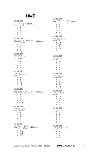 LIMIT
                                                        UN SMK 2004
UN SMK 1999                                                      Lim     4 x 2 + 5x − 10
                                                        Nilai                                adalah ... .
 Lim      2x 2 − 3x − 2                                         x → ∞ x2 + 7x + 2
                          adalah ... .                      a.     4
x→2           x−2
     a.    0                                                b.     3
     b.    1                                                c.     2
     c.    3                                                d.     1
     d.    5                                                e.     ∞
     e.    7
                                                        UN SMK 2004
UN SMK 2000                                              Lim 3x 2 − 4 x
                                                                        = ... .
                Lim 2 Sin x . Cotg x                    x→0      x
Nilai dari                               adalah ... .
               x→0                                          a.     –4
   a. ~                                                     b.     –1
   b. 2                                                     c.     0
                                                                   4
   c. 1                                                     d.      /3
   d. 0                                                     e.     ∞
   e. – 1
UN SMK 2001
 Lim 4 x 2 + 7 x + 5                                    UN SMK 2005
                     = ... .
x →~ 3 − x + 2x 2                                        Lim 3x 2 − 6 x
                                                                        = ... .
     a.    ~                                            x →2 x−2
     b.    0                                                a.     12
     c.    ½                                                b.     6
     d.    2                                                c.     3
     e.    4                                                d.     2
                                                            e.     0
UN SMK 2003
  Lim x 2 − 9                                           UN SMK 2005
              = ... .
x → −3 x + 3                                             Lim sin x
                                                                     = ... .
     a.    9                                            x → 0 tan 3x
     b.    6                                                a.     ¾
     c.    3                                                b.     ½
     d.    –3                                               c.     1/3
     e.    –6                                               d.     0
                                                            e.     –1
UN SMK 2004
                 Lim 2 x 2 − 11x + 15                   UN SMK 2005
Nilai dari :                   2
                                         adalah ... .    Lim x 2 − 9x + 20
                 x→3           x −9                                        = ... .
     a.    0                                            x→5      x−5
     b.    1/6                                              a.     –2
     c.    1/3                                              b.     –1
     d.    5/6                                              c.     0
     e.    11/6                                             d.     1
                                                            e.     2
UN SMK 2004
 Lim 3 x 2 − 7 x + 3                                    UN SMK 2005
                     = ... .                             Lim    sin 2 x . tan 3 x
x → 3 5x 3 + 2 x 2                                                                = ... .
                                                        x →0        x . sin x
     a.    0
     b.    3/5                                              a.     0
     c.    3/2                                              b.     ½
     d.    7/5                                              c.     5
     e.    ∞                                                d.     6
                                                            e.     ∞
UN SMK 2004
         Lim x − 6 x − 5                                UN SMK 2006
Nilai                           adalah ... .             Lim     2x 3 + 3x 2 + 2 x − 5
        x →5    x2 − 5                                                                     = ... .
     a.    0                                            x→∞          x3 − 4x + 7
     b.    1/25                                             a.     0
     c.    2/25                                             b.     2
     d.    1/5                                              c.     3
     e.    ∞                                                d.     4




Suplemen kurikulum 1999 dan KTSP UN 2008                        SMKN 2 WONOGIRI                             5
 