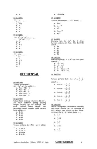 e. ∞                                              e. – 2 cos 2x

UN SMK 2006                                       UN SMK 2000
 Lim    4x                                                                                           1
                                                                                                         x
             = ... .                              Turunan pertama dari                    y = 2e 2           adalah ... .
x → 0 tan 3x                                                         1   x
    a.        4/3                                     a. 2x e        2

                                                                         1
    b.        ¾                                       b. x .         e2
                                                                             x

    c.        1                                              1   x
                                                      c.   e2
    d.        0                                                              1   x
    e.        ∞                                       d. 4x .            e2
                                                                 1
                                                      e. 4 e 2 x
UN SMK 2006
 Lim     2x 5 + 3 x 3 + 4 x 2 + x + 1
                                        = ... .
x→∞           4 x 5 + 2x 2 + x + 2                UN SMK 2001
    a.        ½                                   Diketahui f(x) = 4x3 – 2x2 + 3x + 7 , f’(x)
    b.        1                                   turunan pertama dari f(x) . Nilai dari f’(3)
    c.        1½                                  adalah ... .
    d.        2                                       a. 99
    e.        4                                       b. 97
                                                      c. 91
UN SMK 2006                                           d. 63
 Lim sin 3x
            = ... .
                                                      e. 36
x→0 1x
          2
    a.        0                                   UN SMK 2001
    b.        1½                                  Grafik fungsi f(x) = x3 + 3x2 – 9x turun pada
    c.        3                                   interval ... .
    d.        6                                       a. – 3 < x < 1
                                                      b. – 1 < x < 3
    e.        ∞
                                                      c. 1 < x < 3
                                                      d. x < – 3 atau x > 1
                                                      e. x < – 1 atau x > 3

               DEFERENSIAL                        UN SMK 2003

                                                                                                                       1   2
                                                  Turunan pertama dari :                           f(x) = 3x 2 + x −     +
                                                                                                                       x x2
UN SMK 1999                                       adalah ... .
Turunan pertama dari :                                                               1        1
                                                      a.   f ' (x) = 6 x + 1 +            +
f(x) = (3x2 – x ) . 2x adalah ... .                                                  x2       x3
     a. f’(x) = 18x2 – 4x                             b.   f ' (x) = 6 x + 1 +
                                                                                      1
                                                                                          −
                                                                                              1
     b. f’(x) = 5x2 – x                                                              x2       x3
     c. f’(x) = 6x2 – 2x                              c.   f ' (x) = 6 x + 1 −
                                                                                      1
                                                                                          +
                                                                                              4
     d. f’(x) = 12x2 – 2x                                                            x2       x3
     e. f’(x) = 6x2 – 2x                              d.   f ' (x) = 6 x + 1 +
                                                                                      1
                                                                                          −
                                                                                              4
                                                                                     x2       x3
UN SMK 1999                                                                           1       4
                                                      e.   f ' (x) = 6 x + 1 −            −
Sebuah kotak tertutup volumenya 36 dm3 ,                                             x2       x3
alas kotak berbentuk persegi panjang
dengan panjang tiga kali lebarnya. Jika           UN SMK 2003
kotak   tersebut   dibuat  dengan   luas          Sebuah tabung tanpa tutup terbuat dari seng
permukaan sekecil mungkin maka panjang            tipis dapat memuat zat cair sebanyak 64
kotak adalah ... .                                cm3. seluruh luas tabung itu akan dibuat
    a. 2 dm                                       minimum jika jari jari tabung sbesar ... .
    b. 3 dm                                                8
                                                      a.      π
    c. 4 dm                                                π
    d. 6 dm                                                4
                                                      b.      2π
    e. 8 dm                                                π
                                                           4
                                                      c.      π
UN SMK 2000                                                π
Turunan pertama dari : F(x) = sin 2x adalah                43
                                                      d.      2π
... .                                                      π
      a. ½ sin 2x                                              1
      b. ½ cos 2x                                     e.   4 3
                                                               π
      c. 2 cos 2x
      d. 2 sin 2x



Suplemen kurikulum 1999 dan KTSP UN 2008                SMKN 2 WONOGIRI                                                  6
 