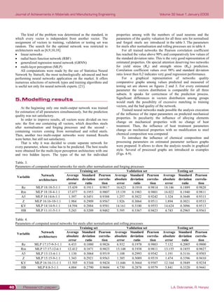 Journal of Achievements in Materials and Manufacturing Engineering                                      Volume 32 Issue 1 January 2009




         The kind of the problem was determined as the standard, in        properties among with the numbers of used neurons and the
     which every vector is independent from another vector. The            parameters of the quality valuation for all three sets for normalised
     assignment of vectors to training, validation or testing set was      and forged steels are introduced in the table 3. The parameters
     random. The search for the optimal network was restricted to          for steels after normalisation and rolling processes are in table 4.
     architectures such as [6,9,10,18]:                                         For all trained networks the Pearson correlation coefficient
         linear networks                                                   has reached the value above 90% and comparatively low values of
         radial basis function network (RBF)                               the standard deviation ratio. This is the very good representation of
         generalized regression neural network (GRNN)                      estimated properties. On special attention deserving two networks
         multi-layer perceptron (MLP)                                      for yield stress (Re) and strength stress (Rm) prediction.
         All computations were made by the use of Statistica Neural        Correlation coefficient values over 98% and standard deviation
     Network by Statsoft, the most technologically advanced and best       ratio lower then 0,2 indicates very good regression performance.
     performing neural networks application on the market. It offers            For a graphical representation of networks quality
     numerous selections of network types and training algorithms and      comparative graphs among values predicted and measured of
     is useful not only for neural network experts. [21].                  testing set are shown on figures 2 and 3. For every estimated
                                                                           parameter the vectors distribution is comparable for all three
                                                                           subsets. It speaks for correctness of the prediction process.
     5.	 odelling results
        M
     5. Modelling results                                                  Significant differences in vectors distribution among groups
                                                                           would mark the possibility of excessive matching to training
                                                                           vectors, and the bad quality of the network.
         At the beginning only one multi-output network was trained
                                                                                Trained neural networks made possible the analysis execution
     for estimation of all parameters simultaneously, but the prediction
                                                                           of the influence of the input parameters on predicted mechanical
     quality was not satisfactory.
         In order to improve results, all vectors were divided on two      properties. In peculiarity the influence of alloying elements
     sets: the first one containing all vectors, which describes steels    change on mechanical properties with no change of heat
     after normalisation and forging processes and the second -            treatment. Then, the influence of heat treatment parameters
     containing vectors coming from normalised and rolled steels.          change on mechanical properties with no modification to steel
     Then, another two multi-output networks were trained. Results         chemical composition was computed.
     were better, but still not satisfactory.                                   To introduce the influence of chemical composition and
         That is why it was decided to create separate network for         processing parameters on estimated parameter surfaces graphs
     every parameter, whose value has to be predicted. The best results    were prepared. It allows to show the analysis results in graphical
     were obtained for the multi-layer perceptron architecture with one    style. Several of processed graphs are introduced as examples
     and two hidden layers. The types of the net for individual            (Figs. 4-9).

     Table. 3.
     Parameters of computed neural networks for steels after normalisation and forging processes
                                                 Training set                       Validation set                     Testing set
      Variable        Network          Average Standard Pearson Average Standard Pearson                      Average Standard       Pearson
                     architecture      absolute deviation correla- absolute deviation correla-                absolute deviation     correla-
                                         error        ratio       tion       error       ratio      tion       error      ratio        tion
         Re        MLP 18:18-5-1:1      15.439      0.1911       0.9817      16.623     0.1918     0.9814      18.146    0.1889       0.9820
         Rm        MLP 18:18-4-1:1      17.077      0.1953       0.9807     15.139      0.1983     0.9801      16.022    0.1940       0.9811
         A5        MLP 14:14-6-1:1       1.397      0.3451       0.9388      1.257      0.3822     0.9242      1.324     0.3648       0.9313
          Z       MLP 16:16-10-1:1       1.984      0.2909       0.9567      1.926      0.3064     0.9511      1.894     0.3021       0.9533
         KV        MLP 14:14-9-1:1      14.594      0.2884       0.9581     14.161      0.3100     0.9553      14.624    0.3096       0.9513
         HB        MLP 11:11-5-1:1       5.243      0.3209       0.9482      5.595      0.3367     0.9423      4.743     0.2965       0.9563

     Table. 4.
     Parameters of computed neural networks for steels after normalisation and rolling processes
                                                 Training set                        Validation set                    Testing set
      Variable        Network          Average Standard Pearson Average Standard Pearson                      Average Standard       Pearson
                     architecture      absolute deviation correla- absolute deviation correla-                absolute deviation     correla-
                                         error        ratio       tion       error        ratio      tion      error      ratio        tion
         Re       MLP 17:17-9-3-1:1      6.433       0.1880      0.9826      6.932       0.1978     0.9803     7.132     0.2005       0.9800
         Rm        MLP 17:17-12-6:1     12.412       0.1871      0.9823     13.148       0.1938     0.9811     13.155    0.1855       0.9827
         A5        MLP 13:13-4-1:1       1.130       0.3064      0.9519      1.108       0.2993     0.9542     1.191     0.3116       0.9503
          Z        MLP 15:15-9-1:1       1.343       0.2921      0.9563      1.385       0.3089     0.9519     1.474     0.3396       0.9410
         KV        MLP 16:16-11-1:1     11.505       0.3344      0.9424     11.646       0.3664     0.9307     12.164    0.3849       0.9234
         HB         MLP 8:8-5-1:1        4.884       0.2790      0.9604      4.730       0.2878     0.9579     5.841     0.3320       0.9441




40        Research paper                                                                                           L.A. Dobrzański, R. Honysz
 