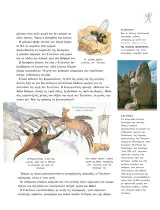 ΤΕΛΕΠΙΝΟΥ
μέλισσα είναι πολύ μικρή και δεν μπορεί να                                         Και σε άλλους πολιτισμούς
                                                                                   συναντάμε μύθους
κάνει τίποτε». Όμως η Χαναχάνα την έστειλε.
                                                                                   ανάλογους με αυτόν του
  Η μέλισσα έψαξε παντού και τελικά βρήκε                                          Τελεπίνου. Ό τ α ν ο θεός

το θεό να κοιμάται στην ερημιά.                                                    της γεωργίας εξαφανίζεται,
Ακολουθώντας τη συμβουλή της Χαναχάνα,                                             η γη ερημώνει και, όταν
                                                                                   επιστρέφει, καρπίζει ξανά.
η μέλισσα τσίμπησε τον Τελεπίνου στα χέρια
και τα πόδια και άπλωσε κερί στα βλέφαρα του.        Η μέλισσα βρίσκει
  Η Χαναχάνα πίστευε ότι έτσι ο Τελεπίνου θα   επιτέλους τον Τελεπίνου
ξανάβρισκε τα λογικά του, αλλά εκείνος θύμωσε
ακόμη περισσότερο. Η οργή του ξεσήκωσε πλημμύρες που παρέσυραν
σπίτια, ανθρώπους και ζώα.
 Τελικά κάλεσαν την Καμρουσέπας, τη θεά της ίασης και της μαγείας.
Εκείνη πήγε σε μια βουνοπλαγιά και θυσίασε δώδεκα κριάρια για να
κατευνάσει την οργή του Τελεπίνου. Η Καμρουσέπας φώναξε. «Φύλακα του
Κάτω Κόσμου, άνοιξε τις εφτά πύλες, ξεκλείδωσε τις εφτά κλειδαριές. Μέσα
στις μπρούντζινες χύτρες σου δέξου την οργή του Τελεπίνου, τη μανία, την
κακία του. Μην τις αφήσεις να ξαναγυρίσουν!»




                                                                                   ΧΑΤΤΟΥΣΑ
                                                                                   Τα μνημειώδη πέτρινα
                                                                                   λιοντάρια της Δυτικής
                                                                                   Πύλης (επάνω)
                                                                                   εξακολουθούν να φυλάνε τα
                                                                                   επιβλητικά ερείπια της
                                                                                   Χαττούσας, της αρχαίας
                                                                                   πρωτεύουσας των Χετταίων
                                                                                   (σημερινό Μπογάζκιοϊ στην
                                                                                   Τουρκία). Η άνθηση της
                                                                                   Χαττούσας, στο διάστημα
                                                                                   1650-1200 π.Χ. περίπου,
                                                                                   οφείλεται κυρίως στη
        Η Καμρουσέπας, η θεά της                      Ένα τομάρι τράγου, σιτηρά,   στρατιωτική ισχύ των
       μαγείας, ζητά από το Φύλακα                    κρασί και βόδια: προσφορές   Χετταίων, καθώς και στα
         να φυλακίσει την οργή του                     στον Τελεπίνου μετά την     ορυχεία αργύρου και
                 Τελεπίνου                                  επιστροφή του          σιδήρου, που ήταν τα
                                                                                   πλουσιότερα στη Μικρά
   Ύστερα, με άγρια μπουμπουνητά κι εκτυφλωτικές αστραπές, ο Τελεπίνου             Ασία. Στις α ν α σ κ α φ έ ς της
 επέστρεψε, πάνω σ' έναν αετό.                                                     Χαττούσας, ανακαλύφθηκαν
                                                                                   πάνω από 10.000 πινακίδες
   Οι άνθρωποι έστησαν μπροστά του ένα κοντάρι όπου κρέμασαν ένα τομάρι
                                                                                   με σφηνοειδή γραφή που
 τράγου και στη βάση του ακούμπησαν σιτηρά, κρασί και Βόδια.                       περιέχουν μύθους, καθώς
   Ο Τελεπίνου ικανοποιήθηκε με αυτές τις προσφορές, γιατί σήμαιναν                και ιστορικά αρχεία των
                                                                                   Χετταίων.
 ανάπτυξη, αφθονία, μακροζωία και πολλά παιδιά. Ο θυμός του είχε σβήσει.
 