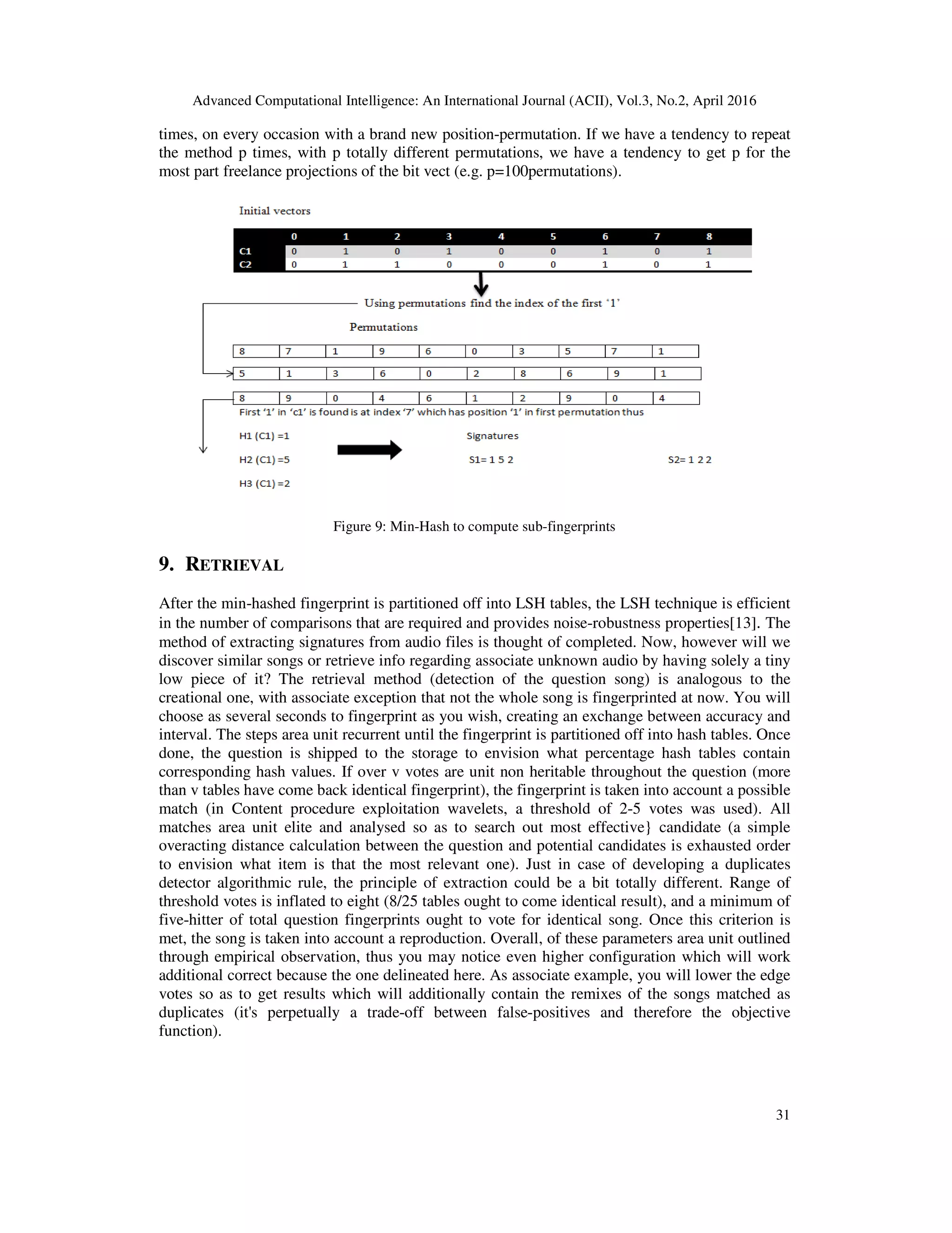 Advanced Computational Intelligence: An International Journal (ACII), Vol.3, No.2, April 2016
31
times, on every occasion with a brand new position-permutation. If we have a tendency to repeat
the method p times, with p totally different permutations, we have a tendency to get p for the
most part freelance projections of the bit vect (e.g. p=100permutations).
Figure 9: Min-Hash to compute sub-fingerprints
9. RETRIEVAL
After the min-hashed fingerprint is partitioned off into LSH tables, the LSH technique is efficient
in the number of comparisons that are required and provides noise-robustness properties[13]. The
method of extracting signatures from audio files is thought of completed. Now, however will we
discover similar songs or retrieve info regarding associate unknown audio by having solely a tiny
low piece of it? The retrieval method (detection of the question song) is analogous to the
creational one, with associate exception that not the whole song is fingerprinted at now. You will
choose as several seconds to fingerprint as you wish, creating an exchange between accuracy and
interval. The steps area unit recurrent until the fingerprint is partitioned off into hash tables. Once
done, the question is shipped to the storage to envision what percentage hash tables contain
corresponding hash values. If over v votes are unit non heritable throughout the question (more
than v tables have come back identical fingerprint), the fingerprint is taken into account a possible
match (in Content procedure exploitation wavelets, a threshold of 2-5 votes was used). All
matches area unit elite and analysed so as to search out most effective} candidate (a simple
overacting distance calculation between the question and potential candidates is exhausted order
to envision what item is that the most relevant one). Just in case of developing a duplicates
detector algorithmic rule, the principle of extraction could be a bit totally different. Range of
threshold votes is inflated to eight (8/25 tables ought to come identical result), and a minimum of
five-hitter of total question fingerprints ought to vote for identical song. Once this criterion is
met, the song is taken into account a reproduction. Overall, of these parameters area unit outlined
through empirical observation, thus you may notice even higher configuration which will work
additional correct because the one delineated here. As associate example, you will lower the edge
votes so as to get results which will additionally contain the remixes of the songs matched as
duplicates (it's perpetually a trade-off between false-positives and therefore the objective
function).
 