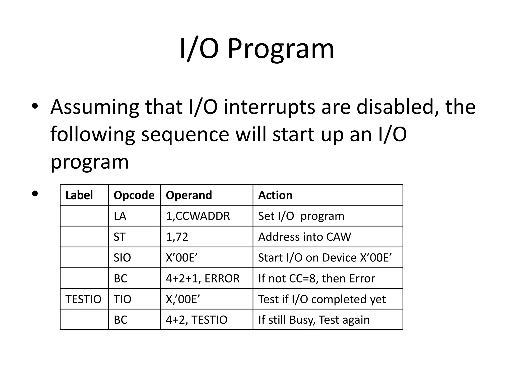 I/O Program
• Assuming that I/O interrupts are disabled, the
following sequence will start up an I/O
program
• Opcode Operand Action
LA 1,CCWADDR Set I/O program
ST 1,72 Address into CAW
SIO X’00E’ Start I/O on Device X’00E’
BC 4+2+1, ERROR If not CC=8, then Error
TESTIO TIO X,’00E’ Test if I/O completed yet
BC 4+2, TESTIO If still Busy, Test again
 