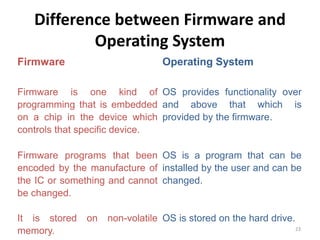 Difference between Firmware and
Operating System
Firmware Operating System
Firmware is one kind of
programming that is embedded
on a chip in the device which
controls that specific device.
OS provides functionality over
and above that which is
provided by the firmware.
Firmware programs that been
encoded by the manufacture of
the IC or something and cannot
be changed.
OS is a program that can be
installed by the user and can be
changed.
It is stored on non-volatile
memory.
OS is stored on the hard drive.
23
 