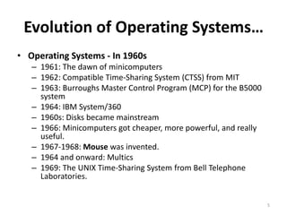 Evolution of Operating Systems…
• Operating Systems - In 1960s
– 1961: The dawn of minicomputers
– 1962: Compatible Time-Sharing System (CTSS) from MIT
– 1963: Burroughs Master Control Program (MCP) for the B5000
system
– 1964: IBM System/360
– 1960s: Disks became mainstream
– 1966: Minicomputers got cheaper, more powerful, and really
useful.
– 1967-1968: Mouse was invented.
– 1964 and onward: Multics
– 1969: The UNIX Time-Sharing System from Bell Telephone
Laboratories.
5
 