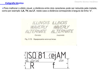 Caligrafia técnica

Desenho técnico mecânico

Para melhorar o efeito visual, a distância entre dois caracteres pode ser reduzida pela metade,
como por exemplo: LA, TV, ou LT, neste caso a distância corresponde à largura da linha “d”.

 