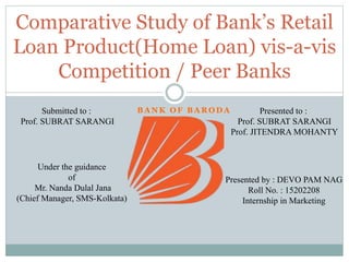 B A N K O F B A R O D A
Comparative Study of Bank’s Retail
Loan Product(Home Loan) vis-a-vis
Competition / Peer Banks
Submitted to :
Prof. SUBRAT SARANGI
Presented to :
Prof. SUBRAT SARANGI
Prof. JITENDRA MOHANTY
Presented by : DEVO PAM NAG
Roll No. : 15202208
Internship in Marketing
Under the guidance
of
Mr. Nanda Dulal Jana
(Chief Manager, SMS-Kolkata)
 
