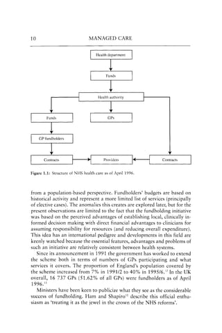 10 MANAGED CARE
Health authority
GPs
Providers Contracts
Figure 1.1: Structure of NHS health care as of April 1996.
from a population-based perspective. Fundholders' budgets are based on
historical activity and represent a more limited list of services (principally
of elective cases). The anomalies this creates are explored later, but for the
present observations are limited to the fact that the fundholding initiative
was based on the perceived advantages of establishing local, clinically in-
formed decision making with direct financial advantages to clinicians for
assuming responsibility for resources (and reducing overall expenditure).
This idea has an international pedigree and developments in this field are
keenly watched because the essential features, advantages and problems of
such an initiative are relatively consistent between health systems.
Since its announcement in 1991 the government has worked to extend
the scheme both in terms of numbers of GPs participating and what
services it covers. The proportion of England's population covered by
the scheme increased from 7% in 1991/2 to 40% in 199516.12 In the UK
overall, 16 737 GPs (51.62% of all GPs) were fundholders as of April
1996.13
Ministers have been keen to publicize what they see as the considerable
success of fundholding. Ham and Shapiro12 describe this official enthu-
siasm as 'treating it as the jewel in the crown of the NHS reforms'.
 