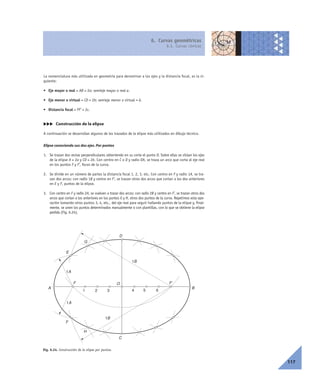 6. Curvas geométricas
6.3. Curvas cónicas
117
La nomenclatura más utilizada en geometría para denominar a los ejes y la distancia focal, es la si-
guiente:
• Eje mayor o real = AB = 2a; semieje mayor o real a.
• Eje menor o virtual = CD = 2b; semieje menor o virtual = b.
• Distancia focal = FF’ = 2c.
ccc Construcción de la elipse
A continuación se desarrollan algunos de los trazados de la elipse más utilizados en dibujo técnico.
Elipse conociendo sus dos ejes. Por puntos
1. Se trazan dos rectas perpendiculares obteniendo en su corte el punto O. Sobre ellas se sitúan los ejes
de la elipse A = 2a y CD = 2b. Con centro en C o D y radio OA, se traza un arco que corta al eje real
en los puntos F y F’, focos de la curva.
2. Se divide en un número de partes la distancia focal 1, 2, 3, etc. Con centro en F y radio 1A, se tra-
zan dos arcos; con radio 1B y centro en F’, se trazan otros dos arcos que cortan a los dos anteriores
en E y F, puntos de la elipse.
3. Con centro en F y radio 2A, se vuelven a trazar dos arcos; con radio 2B y centro en F’, se trazan otros dos
arcos que cortan a los anteriores en los puntos G y H, otros dos puntos de la curva. Repetimos esta ope-
ración tomando otros puntos 3, 4, etc., del eje real para seguir hallando puntos de la elipse y, final-
mente, se unen los puntos determinados manualmente o con plantillas, con lo que se obtiene la elipse
pedida (Fig. 6.24).
Fig. 6.24. Construcción de la elipse por puntos.
5 6
OF
A B
C
D
1 2 3 4
F'
1A
1A
1B
1B
E
G
H
F
 