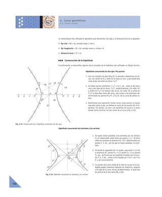 La nomenclatura más utilizada en geometría para denominar a los ejes y la distancia focal es la siguiente:
• Eje real = AB = 2a; semieje mayor o real a.
• Eje imaginario = CD = 2b; semieje menor o virtual = b.
• Distancia focal = FF’ = 2c.
ccc Construcción de la hipérbola
A continuación se desarrollan algunos de los trazados de la hipérbola más utilizados en dibujo técnico.
Hipérbola conociendo los dos ejes. Por puntos
1. Una vez situados los ejes AB y CD, se procede a determinar los fo-
cos; con centro en O, y radio AC se traza un arco, y allí donde éste
corta al eje real están los focos F y F’.
2. Se sitúan puntos arbitrarios: 1 y 1’, 2 y 2’, etc., sobre el eje real a
uno y otro lado de los focos, F y F’, respectivamente. Con radio 1A,
y centro en F y F’ se realizan dos arcos; con radio 1B, y centro en
F y F’ se describen otros dos arcos, que cortan a los anteriores de-
terminando los puntos M y M’, y N y N’, de la curva de ambas ra-
mas.
3. Repitiendo esta operación tantas veces como puntos se hayan
marcado sobre el eje, se obtiene el resto de los puntos de la hi-
pérbola. Por último, se unen con plantillas de curvas o a mano
alzada hasta terminar las dos ramas de la curva (Fig. 6.35).
Hipérbola conociendo las asíntotas y los vértices
1. Se trazan rectas paralelas a las asíntotas por los vértices
A y B, obteniendo sobre éstas los puntos 1 y 1’. Se lleva
sobre las asíntotas la distancia O1 = O1’, determinando los
puntos 2, 3, etc., por los que se trazan paralelas a la asín-
tota.
2. Se divide el segmento O1’ en partes, que están a 1/2 de
la distancia O1’ (punto P), a 1/3 (punto I), a 1/4 (punto
J), etc., de forma que las paralelas trazadas por los pun-
tos P, I, J, etc., cortan a las trazadas por 2 en C, por 3 en
D, y así sucesivamente.
3. Los puntos de la otra mitad de la rama en la que se ha tra-
bajado pueden obtenerse hallando los simétricos, respecto
a los ejes de la curva, de los ya determinados, al igual que
los puntos de la otra rama (Fig. 6.36).
6. Curvas geométricas
6.3. Curvas cónicas
122
Fig. 6.35. Construcción de la hipérbola conociendo los dos ejes.
3 2 1
O
1' 2' 3'F
A B
C
D
AC 1B
F'
1B
1A
1B
1A
Fig. 6.36. Hipérbola conociendo las asíntotas y los vértices.
A
B
C''
D''
JIP
O
1
1'
C
D
C'
D'
C'''
D'''
2
3
 