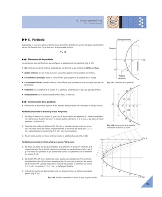 6. Curvas geométricas
6.3. Curvas cónicas
123
cc E. Parábola
La parábola es una curva plana y abierta, lugar geométrico de todos los puntos del plano equidistantes
de uno fijo llamado foco F y de una recta d denominada directriz.
PF = FD
ccc Elementos de la parábola
Los elementos más significativos que configuran la parábola son los siguientes (Fig. 6.37):
• Eje: tiene sólo un eje de simetría, perpendicular a la directriz, y que contiene al vértice y al foco.
• Radios vectores: son las rectas que unen un punto cualquiera de la parábola con el foco.
• Circunferencia principal: tiene un radio infinito y es tangente a la parábola en su vértice.
• Circunferencia focal: también tiene un radio infinito y se convierte en una recta que coincide con
la directriz.
• Parámetro: es la longitud de la cuerda de la parábola, perpendicular al eje, que pasa por el foco.
• Semiparámetro: es la distancia desde el foco hasta la directriz.
ccc Construcción de la parábola
A continuación se desarrollan algunos de los trazados de la parábola más utilizados en dibujo técnico.
Parábola conociendo la directriz y el foco. Por puntos
1. Se dibuja la directriz d y el foco F, y se halla el punto medio del segmento OF, siendo éste el vérti-
ce A de la curva. A partir del foco F se sitúan puntos arbitrarios: 1, 2, 3, etc., y por ellos se trazan
paralelas a la directriz d.
2. Tomando como radios las distancias O1, O2, etc., y haciendo siempre centro en el pun-
to F, se trazan arcos que cortan, respectivamente, a las rectas que pasan por 1, 2, 3,
etc., obteniéndose los puntos M y M’, N y N’, y así sucesivamente.
3. Al unir estos puntos con trazo continuo resulta la parábola buscada (Fig. 6.38).
Parábola conociendo el vértice, el eje y un punto P de la curva
1. Se sitúan los datos con los que contamos, y se determina el punto P’, simétrico de P
respecto del eje. Por el vértice A de la curva se traza una perpendicular al eje, y por P
y P’ se trazan las paralelas al eje; donde éstas cortan a la perpendicular se obtienen
los puntos M y N.
2. Se dividen MP y AM en un número de partes iguales, por ejemplo seis. Por las divisio-
nes obtenidas sobre AM se trazan paralelas al eje. Se unen con el vértice A los puntos
de la división MP, y donde estas rectas cortan a las paralelas se obtienen los puntos
1, 2, 3, etc. Los puntos 1’, 2’, 3’, etc., se hallan por simetría.
3. Uniendo los puntos así determinados con una línea continua, se obtiene la parábola
pedida (Fig. 6.39).
Fig. 6.37. Elementos de la parábola.
A F
P
D
Eje
Semiparámetro
Parámetro
Directriz
Radios
vectores
O
A 3 41
M
2F
N
O1 O2
N'
M'
O1
O2
1
2
3
4
N
M
A
5
1'
2'
3'
4'
5'
P' = 6'
P = 6
Fig. 6.38. Construcción de la parábola
conociendo la directriz y el foco.
Fig. 6.39. Parábola conociendo el vértice, el eje y un punto de ella.
 