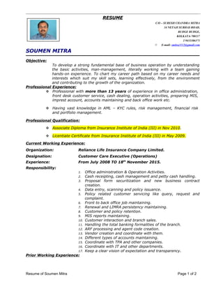 RESUME
C/O – SURESH CHANDRA MITRA
34 NETAJI SUBHAS ROAD,
BUDGE BUDGE,
KOLKATA-700137
 9433386371
 E-mail: smitra3112@gmail.com
SOUMEN MITRA
Objective:
To develop a strong fundamental base of business operation by understanding
the basic activities, man-management, literally working with a team gaining
hands-on experience. To chart my career path based on my career needs and
interests which suit my skill sets, learning effectively, from the environment
and contributing to the growth of the organization.
Professional Experience:
 Professional with more than 13 years of experience in office administration,
front desk customer service, cash dealing, operation activities, preparing MIS,
imprest account, accounts maintaining and back office work etc.
 Having vast knowledge in AML – KYC rules, risk management, financial risk
and portfolio management.
Professional Qualification:
 Associate Diploma from Insurance Institute of India (III) in Nov 2010.
 Licentiate Certificate from Insurance Institute of India (III) in May 2009.
Current Working Experience:
Organization: Reliance Life Insurance Company Limited.
Designation: Customer Care Executive (Operations)
Experience: From July 2008 TO 18th
November 2015.
Responsibility:
1. Office administration & Operation Activities.
2. Cash receipting, cash management and petty cash handling.
3. Proposal form securitization and new business contract
creation.
4. Data entry, scanning and policy issuance.
5. Policy related customer servicing like query, request and
complaint.
6. Front to back office job maintaining.
7. Renewal and LIMRA persistency maintaining.
8. Customer and policy retention.
9. MIS reports maintaining.
10. Customer interaction and branch sales.
11. Handling the total banking formalities of the branch.
12. ARF processing and agent code creation.
13. Vendor creation and coordinate with them.
14. Different types of accounts maintaining.
15. Coordinate with TPA and other companies.
16. Coordinate with IT and other departments.
17. Keep a clear vision of expectation and transparency.
Prior Working Experience:
Resume of Soumen Mitra Page 1 of 2
 