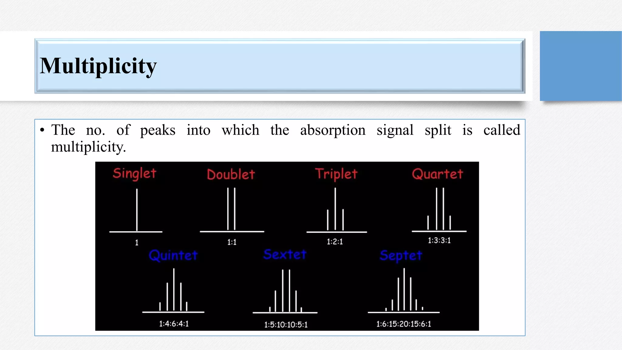 Multiplicity
• The no. of peaks into which the absorption signal split is called
multiplicity.
 