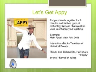 Let’s Get Appy
Put your heads together for 3
minutes and list two types of
technology & ideas that could be
used to enhance your teaching.
Example:
Math Apps/ Math Fact Drills
Interactive eBooks/Timelines of
Historical Events
Ready, Set, Collaborate, Pair Share
*”Happy”
by Will Pharrell on itunes
 