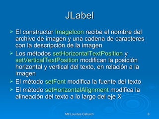JLabel El constructor  ImageIcon  recibe el nombre del archivo de imagen y una cadena de caracteres con la descripción de la imagen Los métodos  setHorizontalTextPosition  y  setVerticalTextPosition  modifican la posición horizontal y vertical del texto, en relación a la imagen El método  setFont  modifica la fuente del texto El método  setHorizontalAlignment  modifica la alineación del texto a lo largo del eje X 