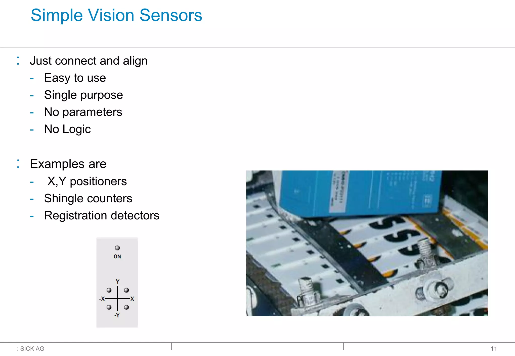 : SICK AG
Simple Vision Sensors
: Just connect and align
- Easy to use
- Single purpose
- No parameters
- No Logic
: Examples are
- X,Y positioners
- Shingle counters
- Registration detectors
11
 