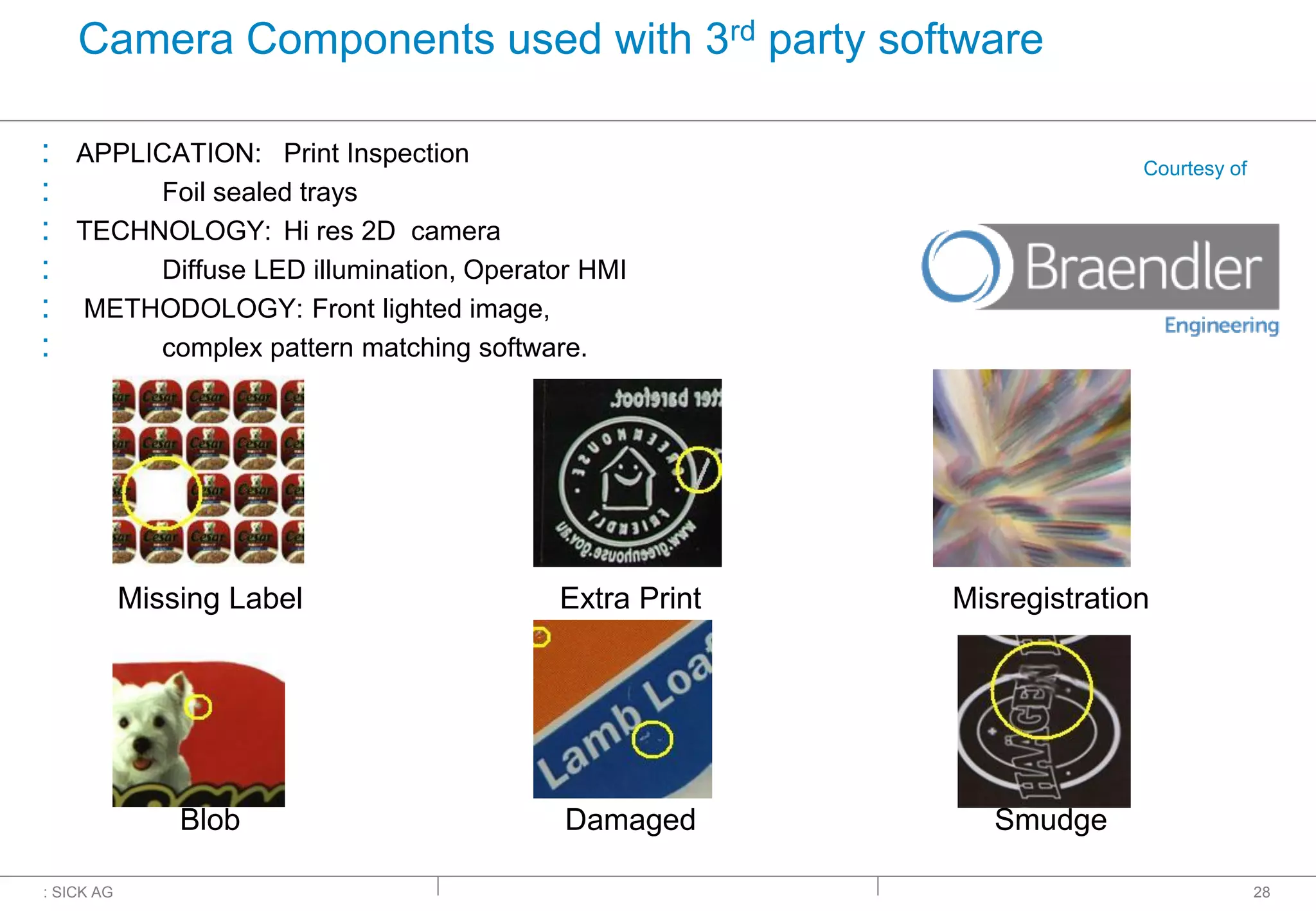 : SICK AG
Camera Components used with 3rd party software
: APPLICATION: Print Inspection
: Foil sealed trays
: TECHNOLOGY: Hi res 2D camera
: Diffuse LED illumination, Operator HMI
: METHODOLOGY: Front lighted image,
: complex pattern matching software.
28
Courtesy of
Missing Label Extra Print Misregistration
Blob Damaged Smudge
 