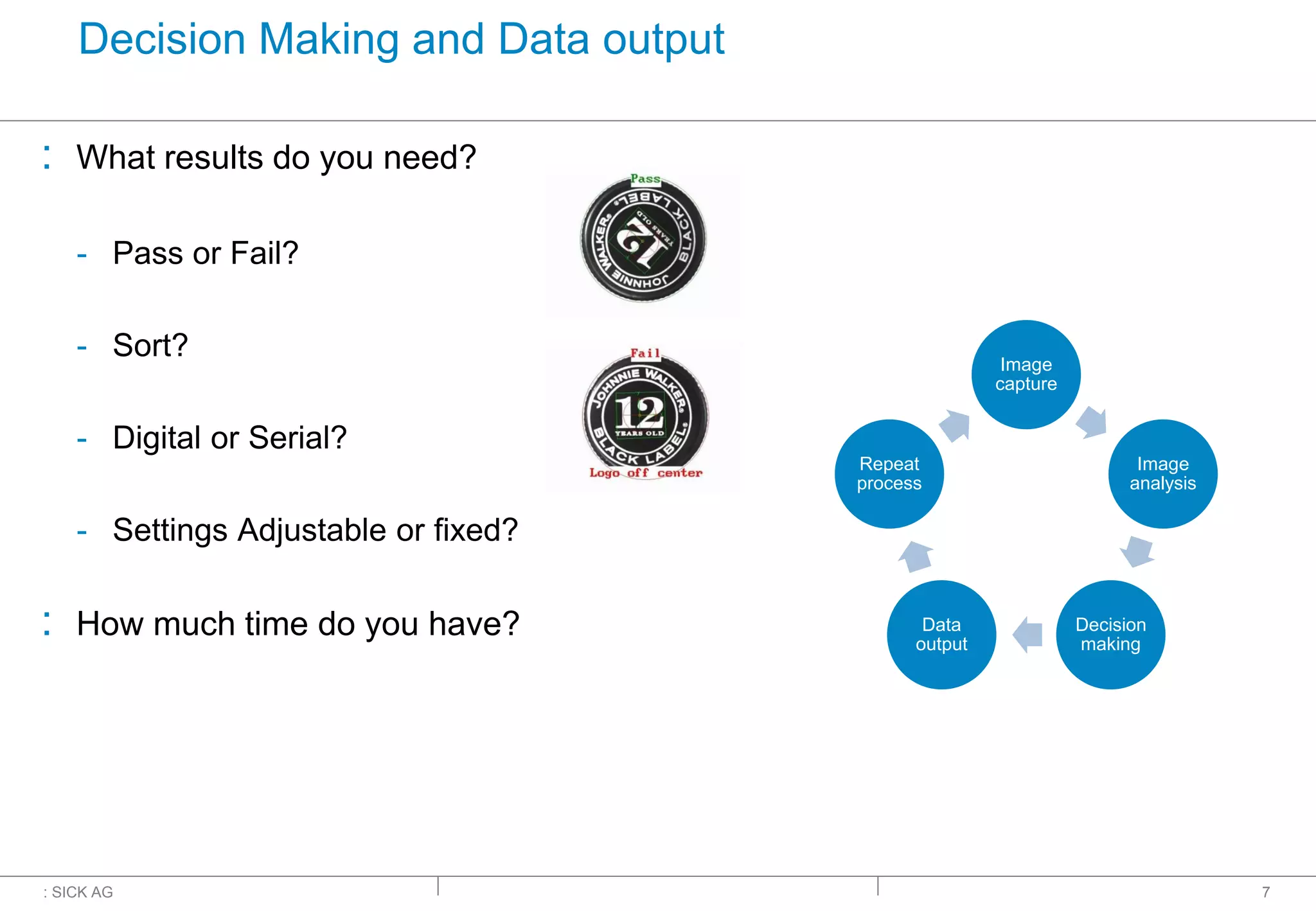 : SICK AG
Decision Making and Data output
: What results do you need?
- Pass or Fail?
- Sort?
- Digital or Serial?
- Settings Adjustable or fixed?
: How much time do you have?
7
Image
capture
Image
analysis
Decision
making
Data
output
Repeat
process
 