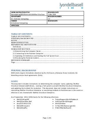 Page 1 of 6
WORK INSTRUCTIONTITLE
RemediatingSIEMAlerts withMcAfee VirusScan
REVISION DATE
7-Mar-2014
DEPARTMENT
IO – End User Computing
REVISION NUMBER
1.0
OWNER
IO-EndUser Computing
REVIEW DATE
APPROVER:
TABLE OF CONTENTS
TABLE OF CONTENTS............................................................................................................... 1
PURPOSE/BACKGROUND........................................................................................................ 1
SCOPE............................................................................................................................................ 1
RESPONSIBILITIES....................................................................................................................2
REFERENCES/DEFINITIONS..................................................................................................2
Definitions................................................................................................................................... 2
WORK INSTRUCTION...............................................................................................................2
1.0 Determining the Computer Name ........................................................................................ 2
2.1 Connecting to the Remote Computer................................................................................... 3
2.2 Updating AV Definitions and Starting the Full System Scan ................................................. 4
3.0 Resolving the Remedy Incident............................................................................................. 4
REVISION SUMMARY................................................................................................................5
Tags................................................................................................................................................6
PURPOSE/BACKGROUND
SIEM alerts require immediate attention by the EUC team, otherwise these Incidents risk
breaching service level agreements (SLAs).
SCOPE
This document includes instructions on determining the computer name, updating McAfee
VirusScan Enterprisedefinitions, running a full systemscan with McAfee VirusScan Enterprise,
and updating the Incident for resolution. This document does not include instructions on
reinstalling McAfee VirusScan Enterprise or escalating incidents to Field Services in the event an
infection is not cleaned with McAfee VirusScan Enterprise.
As of September 2013, SIEM checks for the following infections:
 Win32/Viking.MZ
 Win32/Conficker.Binf
 Java/CVE-2012-1723
 Win32/Rimecud.A
 Win32/DealPly
 TrojanDropper:Win32/Qakbot.A
 HackTool:Win32/Keygen
 Win32/Hotbar
 VirTool:INF/Autorun.gen!AA
 PWS:HTML/Barfraud.B
 