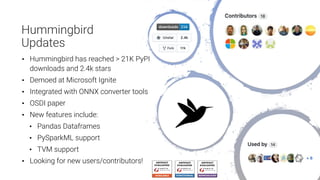 Hummingbird
Updates
• Hummingbird has reached > 21K PyPI
downloads and 2.4k stars
• Demoed at Microsoft Ignite
• Integrate...