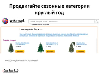 Продвигайте сезонные категории
круглый год
http://newyear.wikimart.ru/firtrees/
 