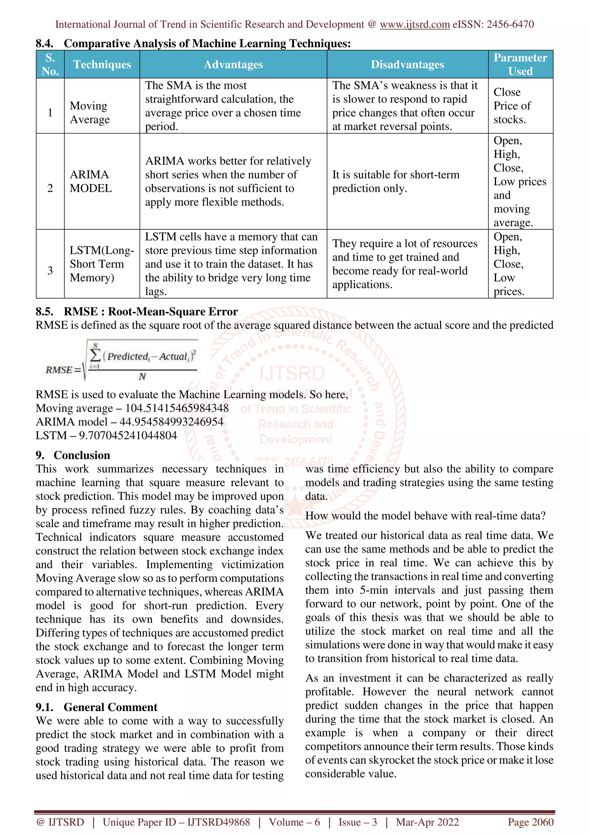 International Journal of Trend in Scientific Research and Development @ www.ijtsrd.com eISSN: 2456-6470
@ IJTSRD | Unique Paper ID – IJTSRD49868 | Volume – 6 | Issue – 3 | Mar-Apr 2022 Page 2060
8.4. Comparative Analysis of Machine Learning Techniques:
S.
No.
Techniques Advantages Disadvantages
Parameter
Used
1
Moving
Average
The SMA is the most
straightforward calculation, the
average price over a chosen time
period.
The SMA’s weakness is that it
is slower to respond to rapid
price changes that often occur
at market reversal points.
Close
Price of
stocks.
2
ARIMA
MODEL
ARIMA works better for relatively
short series when the number of
observations is not sufficient to
apply more flexible methods.
It is suitable for short-term
prediction only.
Open,
High,
Close,
Low prices
and
moving
average.
3
LSTM(Long-
Short Term
Memory)
LSTM cells have a memory that can
store previous time step information
and use it to train the dataset. It has
the ability to bridge very long time
lags.
They require a lot of resources
and time to get trained and
become ready for real-world
applications.
Open,
High,
Close,
Low
prices.
8.5. RMSE : Root-Mean-Square Error
RMSE is defined as the square root of the average squared distance between the actual score and the predicted
RMSE is used to evaluate the Machine Learning models. So here,
Moving average – 104.51415465984348
ARIMA model – 44.954584993246954
LSTM – 9.707045241044804
9. Conclusion
This work summarizes necessary techniques in
machine learning that square measure relevant to
stock prediction. This model may be improved upon
by process refined fuzzy rules. By coaching data’s
scale and timeframe may result in higher prediction.
Technical indicators square measure accustomed
construct the relation between stock exchange index
and their variables. Implementing victimization
Moving Average slow so as to perform computations
compared to alternative techniques, whereas ARIMA
model is good for short-run prediction. Every
technique has its own benefits and downsides.
Differing types of techniques are accustomed predict
the stock exchange and to forecast the longer term
stock values up to some extent. Combining Moving
Average, ARIMA Model and LSTM Model might
end in high accuracy.
9.1. General Comment
We were able to come with a way to successfully
predict the stock market and in combination with a
good trading strategy we were able to profit from
stock trading using historical data. The reason we
used historical data and not real time data for testing
was time efficiency but also the ability to compare
models and trading strategies using the same testing
data.
How would the model behave with real-time data?
We treated our historical data as real time data. We
can use the same methods and be able to predict the
stock price in real time. We can achieve this by
collecting the transactions in real time and converting
them into 5-min intervals and just passing them
forward to our network, point by point. One of the
goals of this thesis was that we should be able to
utilize the stock market on real time and all the
simulations were done in way that would make it easy
to transition from historical to real time data.
As an investment it can be characterized as really
profitable. However the neural network cannot
predict sudden changes in the price that happen
during the time that the stock market is closed. An
example is when a company or their direct
competitors announce their term results. Those kinds
of events can skyrocket the stock price or make it lose
considerable value.
 