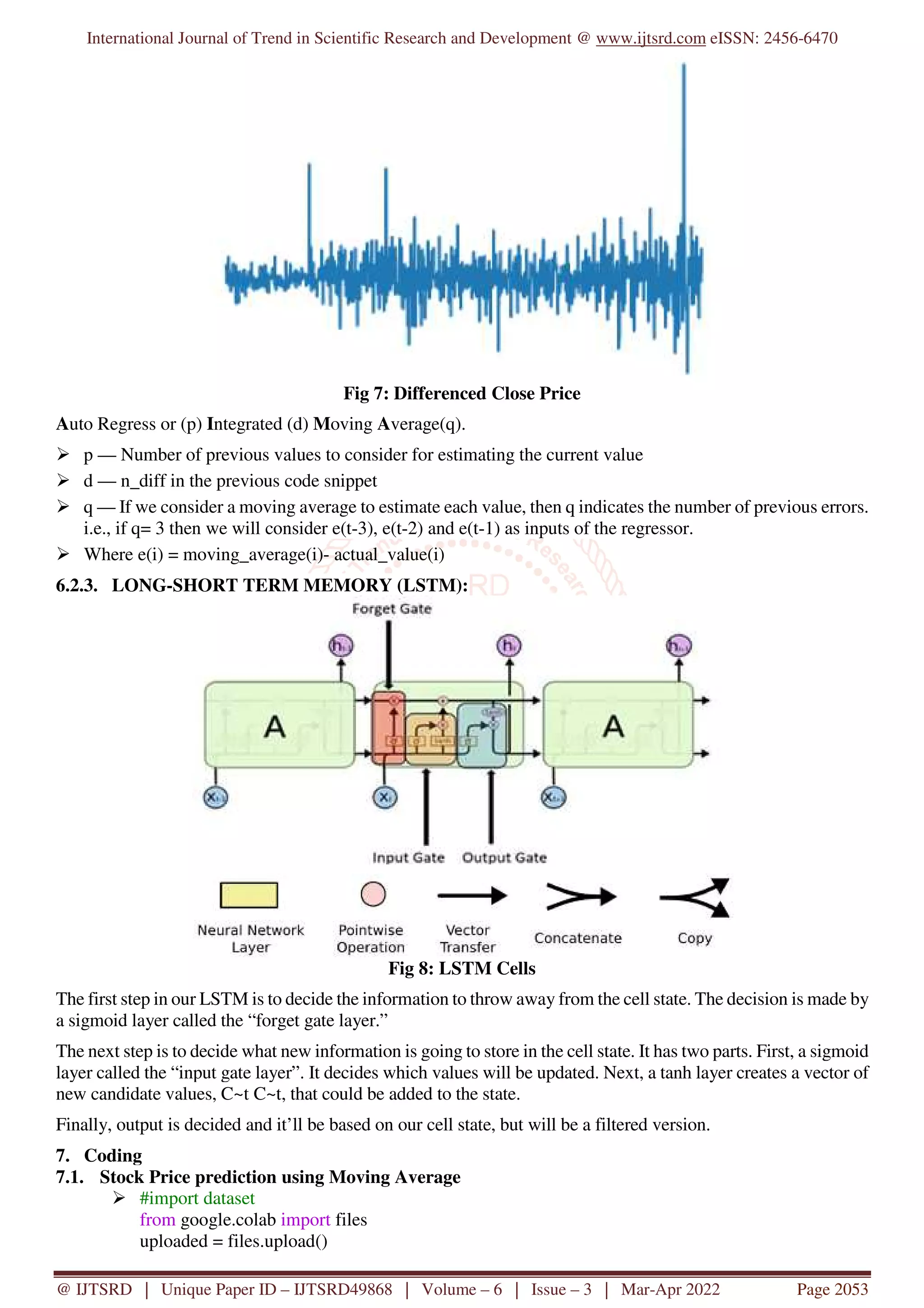International Journal of Trend in Scientific Research and Development @ www.ijtsrd.com eISSN: 2456-6470
@ IJTSRD | Unique Paper ID – IJTSRD49868 | Volume – 6 | Issue – 3 | Mar-Apr 2022 Page 2053
Fig 7: Differenced Close Price
Auto Regress or (p) Integrated (d) Moving Average(q).
p — Number of previous values to consider for estimating the current value
d — n_diff in the previous code snippet
q — If we consider a moving average to estimate each value, then q indicates the number of previous errors.
i.e., if q= 3 then we will consider e(t-3), e(t-2) and e(t-1) as inputs of the regressor.
Where e(i) = moving_average(i)- actual_value(i)
6.2.3. LONG-SHORT TERM MEMORY (LSTM):
Fig 8: LSTM Cells
The first step in our LSTM is to decide the information to throw away from the cell state. The decision is made by
a sigmoid layer called the “forget gate layer.”
The next step is to decide what new information is going to store in the cell state. It has two parts. First, a sigmoid
layer called the “input gate layer”. It decides which values will be updated. Next, a tanh layer creates a vector of
new candidate values, C~t C~t, that could be added to the state.
Finally, output is decided and it’ll be based on our cell state, but will be a filtered version.
7. Coding
7.1. Stock Price prediction using Moving Average
#import dataset
from google.colab import files
uploaded = files.upload()
 