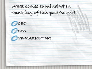 What comes to mind when
thinking of this post/career?

  CEO
  CPA
  VP-MARKETING
 