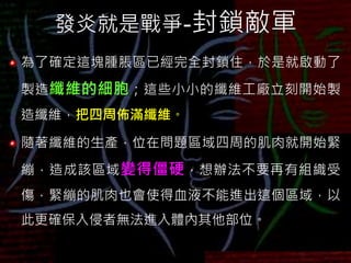 發炎就是戰爭-封鎖敵軍
為了確定這塊腫脹區已經完全封鎖住，於是就啟動了
製造纖維的細胞；這些小小的纖維工廠立刻開始製
造纖維，把四周佈滿纖維。
隨著纖維的生產，位在問題區域四周的肌肉就開始緊
繃，造成該區域變得僵硬，想辦法不要再有組織受
傷，緊繃的肌肉也會使得血液不能進出這個區域，以
此更確保入侵者無法進入體內其他部位。
 