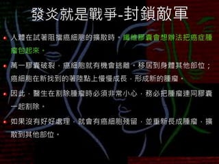 發炎就是戰爭-封鎖敵軍
人體在試著阻擋癌細胞的擴散時。纖維膠囊會想辦法把癌症腫
瘤包起來。
萬一膠囊破裂，癌細胞就有機會逃離。移居到身體其他部位；
癌細胞在新找到的著陸點上慢慢成長，形成新的腫瘤。
因此，醫生在割除腫瘤時必須非常小心，務必把腫瘤連同膠囊
一起割除。
如果沒有好好處理，就會有癌細胞殘留，並重新長成腫瘤，擴
散到其他部位。
 