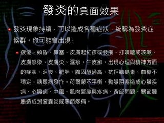 發炎的負面效果
發炎現象持續，可以造成各種症狀，統稱為發炎症
候群。你可能會出現:
疲倦、頭昏、鼻塞、皮膚起紅疹或發癢、打噴噎或咳嗽、
皮膚感染、皮膚炎、濕疹、牛皮癬、出現心理與精神方面
的症狀、沮喪、肥胖、膽固醇過高、抗拒胰島素、血糖不
穩定，糖尿病發作。荷爾蒙不平衡、動脈阻塞造成心臟疾
病、心臟病、中風、肌肉緊繃與疼痛、背部問題、關節腫
脹造成滑液囊炎或關節疼痛。
 