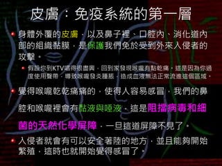 皮膚︰免疫系統的第一層
身體外覆的皮膚，以及鼻子裡、口腔內、消化道內
部的組織黏膜，是保護我們免於受到外來入侵者的
攻擊。
假設你到KTV唱得很盡興，回到家發現喉嚨有點乾痛。這是因為你過
度使用聲帶，導致喉嚨發炎腫脹，造成血液無法正常流進這個區域。
覺得喉嚨乾乾痛痛的，使得人容易感冒，我們的鼻
腔和喉嚨裡會有黏液與唾液，這是阻擋病毒和細
菌的天然化學屏障，一旦這道屏障不見了。
入侵者就會有可以安全著陸的地方，並且能夠開始
繁殖，這時也就開始覺得感冒了。
 