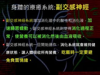 身體的療癒系統:副交感神經
副交感神經系統增加消化道中的酸性和消化液，加
速腸胃蠕動。副交感神經系統則使得消化過程正
常，使營養可以被消化然後由血液吸收。
副交感神經系統一旦開始運作，消化系統就會維持健
康狀態，讓人體吸收所有營養， 吃飯時一定要避
免負面情緒。
 