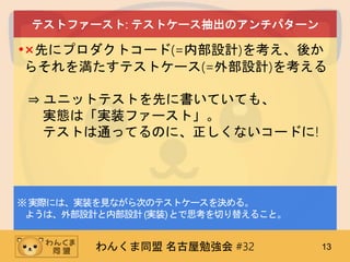 わんくま同盟 名古屋勉強会 #32 13
テストファースト: テストケース抽出のアンチパターン
•×先にプロダクトコード(=内部設計)を考え、後か
らそれを満たすテストケース(=外部設計)を考える
⇒ ユニットテストを先に書いていても、
実態は「実装ファースト」。
テストは通ってるのに、正しくないコードに!
※実際には、実装を見ながら次のテストケースを決める。
ようは、外部設計と内部設計(実装)とで思考を切り替えること。
 