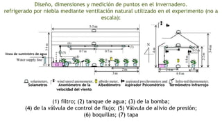 Solametros Anemómetro de la Albedómetro Aspirador Psicométrico Termómetro infrarrojo
velocidad del viento
línea de suministro de agua
Diseño, dimensiones y medición de puntos en el invernadero.
refrigerado por niebla mediante ventilación natural utilizado en el experimento (no a
escala):
(1) filtro; (2) tanque de agua; (3) de la bomba;
(4) de la válvula de control de flujo; (5) Válvula de alivio de presión;
(6) boquillas; (7) tapa
 