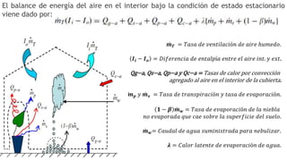 El balance de energía del aire en el interior bajo la condición de estado estacionario
viene dado por:
𝒎 𝑻 = 𝑇𝑎𝑠𝑎 𝑑𝑒 𝑣𝑒𝑛𝑡𝑖𝑙𝑎𝑐𝑖ó𝑛 𝑑𝑒 𝑎𝑖𝑟𝑒 ℎ𝑢𝑚𝑒𝑑𝑜.
𝑰𝒊 − 𝑰 𝒐 = 𝐷𝑖𝑓𝑒𝑟𝑒𝑛𝑐𝑖𝑎 𝑑𝑒 𝑒𝑛𝑡𝑎𝑙𝑝í𝑎 𝑒𝑛𝑡𝑟𝑒 𝑒𝑙 𝑎𝑖𝑟𝑒 𝑖𝑛𝑡. 𝑦 𝑒𝑥𝑡.
Qg−a, Qs−a, Qp−a y Qc−a = Tasas de calor por convección
agregado al aire en el interior de la cubierta.
𝒎 𝒑 𝑦 𝒎 𝒔 = 𝑇𝑎𝑠𝑎 𝑑𝑒 𝑡𝑟𝑎𝑛𝑠𝑝𝑖𝑟𝑎𝑐𝑖ó𝑛 𝑦 𝑡𝑎𝑠𝑎 𝑑𝑒 𝑒𝑣𝑎𝑝𝑜𝑟𝑎𝑐𝑖ó𝑛.
𝟏 − 𝜷 𝒎 𝒘 = 𝑇𝑎𝑠𝑎 𝑑𝑒 𝑒𝑣𝑎𝑝𝑜𝑟𝑎𝑐𝑖ó𝑛 𝑑𝑒 𝑙𝑎 𝑛𝑖𝑒𝑏𝑙𝑎
𝑛𝑜 𝑒𝑣𝑎𝑝𝑜𝑟𝑎𝑑𝑎 𝑞𝑢𝑒 𝑐𝑎𝑒 𝑠𝑜𝑏𝑟𝑒 𝑙𝑎 𝑠𝑢𝑝𝑒𝑟𝑓𝑖𝑐𝑖𝑒 𝑑𝑒𝑙 𝑠𝑢𝑒𝑙𝑜.
𝒎 𝒘= 𝐶𝑎𝑢𝑑𝑎𝑙 𝑑𝑒 𝑎𝑔𝑢𝑎 𝑠𝑢𝑚𝑖𝑛𝑖𝑠𝑡𝑟𝑎𝑑𝑎 𝑝𝑎𝑟𝑎 𝑛𝑒𝑏𝑢𝑙𝑖𝑧𝑎𝑟.
𝝀 = 𝐶𝑎𝑙𝑜𝑟 𝑙𝑎𝑡𝑒𝑛𝑡𝑒 𝑑𝑒 𝑒𝑣𝑎𝑝𝑜𝑟𝑎𝑐𝑖ó𝑛 𝑑𝑒 𝑎𝑔𝑢𝑎.
 