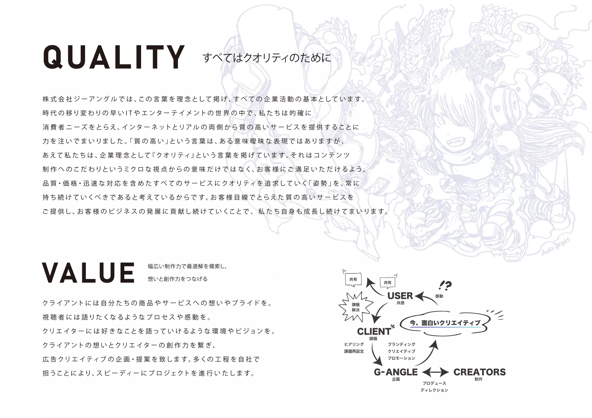 QUALITY すべてはクオリティのために
株 式 会 社 ジ ー アング ル で は 、
この 言 葉 を 理 念 として 掲 げ 、
す べ て の 企 業 活 動 の 基 本 として い ま す。
時 代 の 移り変 わりの 早 い I T や エ ンタ ー テ イメント の 世 界 の 中 で 、
私 た ち は 的 確 に
消 費 者 ニ ー ズ をとらえ、
インタ ー ネットとリア ル の 両 側 か ら 質 の 高 い サ ー ビ ス を 提 供 すること に
力 を 注 い で ま いりまし た 。
「 質 の 高 い 」
という言 葉 は 、
あ る 意 味 曖 昧 な 表 現 で は ありま す が 、
あ えて 私 た ち は 、
企 業 理 念 として
『クオリティ』
と いう言 葉 を 掲 げ て い ま す。
そ れ は コ ン テ ン ツ
制 作 へ の こだ わりというミクロ な 視 点 か ら の 意 味 だ け で は な く、
お 客 様 に ご 満 足 い た だ け るよう、
品 質・価 格・迅 速 な 対 応 を 含 め た す べ て の サ ー ビ ス に クオリティを 追 求して い く
「 姿 勢 」
を 、
常 に
持 ち 続 け て いくべ きで あ ると考 えて い る か らで す。
お 客 様 目 線 で とらえ た 質 の 高 い サ ー ビ ス を
ご 提 供し 、
お 客 様 の ビ ジ ネ ス の 発 展 に 貢 献し 続 け て い くことで 、 私 た ち 自 身 も 成 長し 続 け て ま いりま す。
VALUE
幅広い制作力で最適解を模索し,
想いと創作力をつなげる
クラ イアント に は 自 分 た ち の 商 品 や サ ー ビ ス へ の 想 い や プ ラ イド を 。
視 聴 者 に は 語りた くな るような プ ロ セ ス や 感 動 を 。
クリエ イタ ー に は 好 き な ことを 語って い け るような 環 境 や ビ ジョン を 。
クラ イアント の 想 い とクリエ イタ ー の 創 作 力 を 繋 ぎ、
広 告 クリエ イティブ の 企 画・提 案 を 致しま す。
多 くの 工 程 を 自 社 で
担うことに より、
ス ピ ー ディー に プ ロ ジェクトを 進 行 い たしま す。
 