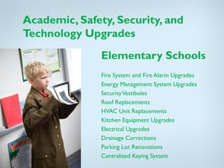 Academic, Safety, Security, and
Technology Upgrades
               Elementary Schools
               Fire System and Fire Alarm Upgrades
               Energy Management System Upgrades
               Security Vestibules
               Roof Replacements
               HVAC Unit Replacements
               Kitchen Equipment Upgrades
               Electrical Upgrades
               Drainage Corrections
               Parking Lot Renovations
               Centralized Keying System
 