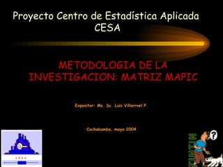 1
METODOLOGIA DE LA
INVESTIGACION: MATRIZ MAPIC
Expositor: Ms. Sc. Luis Villarroel P.
Cochabamba, mayo 2004
Proyecto Centro de Estadística Aplicada
CESA
 