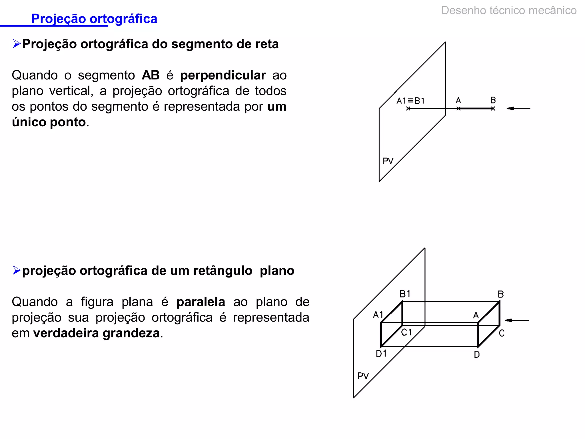 Projeção ortográfica
Projeção ortográfica do segmento de reta
Quando o segmento AB é perpendicular ao
plano vertical, a projeção ortográfica de todos
os pontos do segmento é representada por um
único ponto.

projeção ortográfica de um retângulo plano
Quando a figura plana é paralela ao plano de
projeção sua projeção ortográfica é representada
em verdadeira grandeza.

Desenho técnico mecânico

 